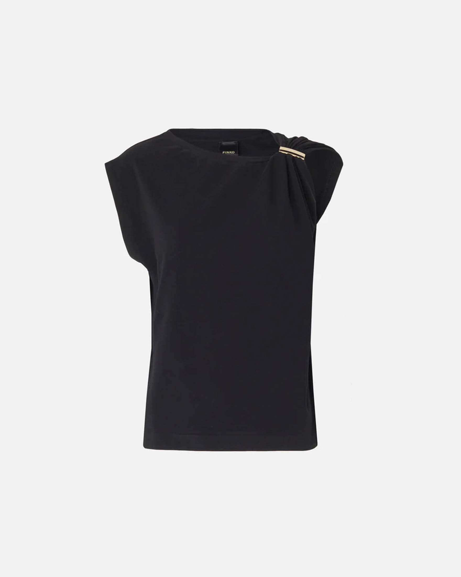 Top drappeggiato Pinko nero in cotone stretch con maniche ad aletta e dettaglio dorato