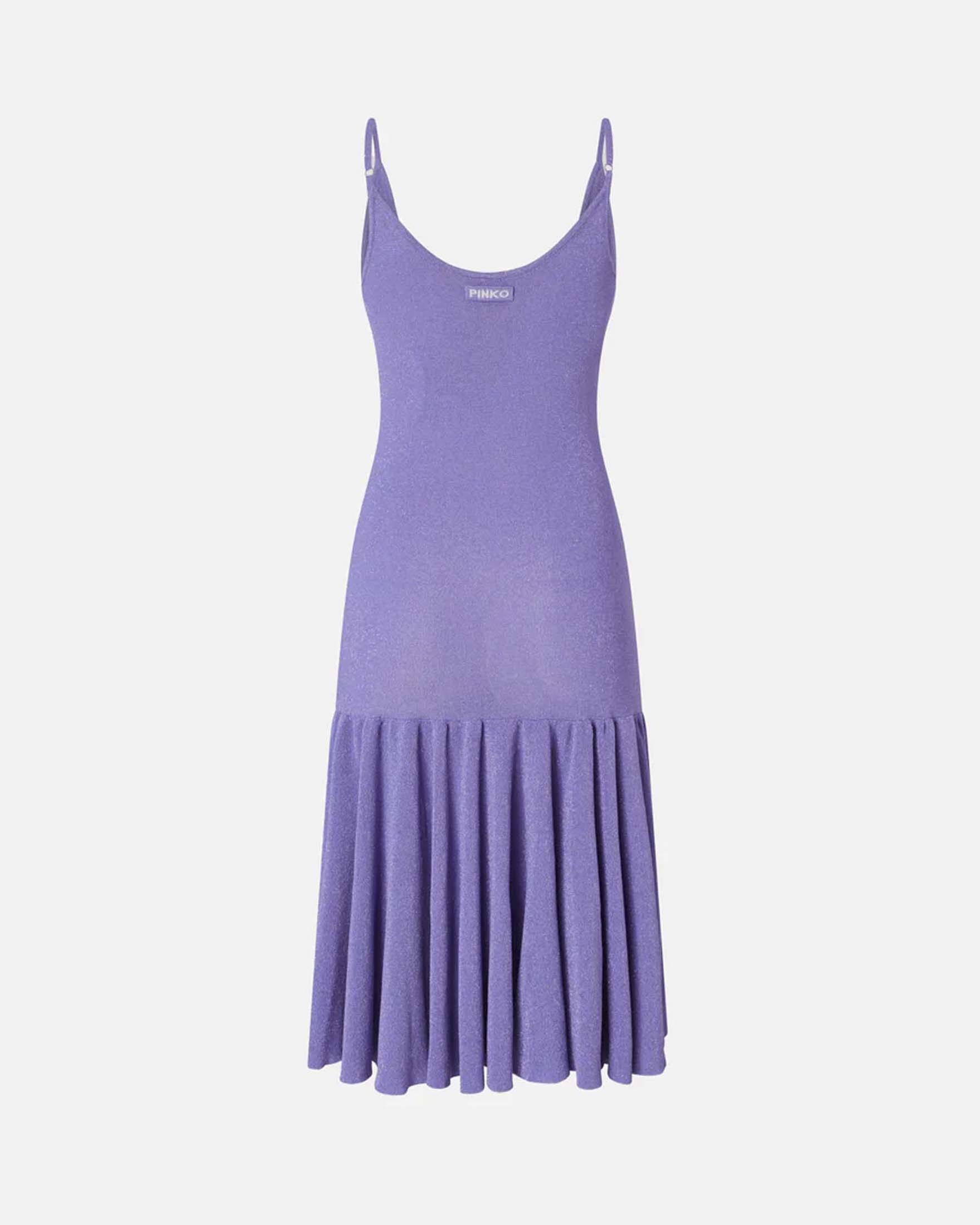 Abito corto scollato Pinko lilla in maglia di viscosa metallizzata con spalline sottili e pieghe