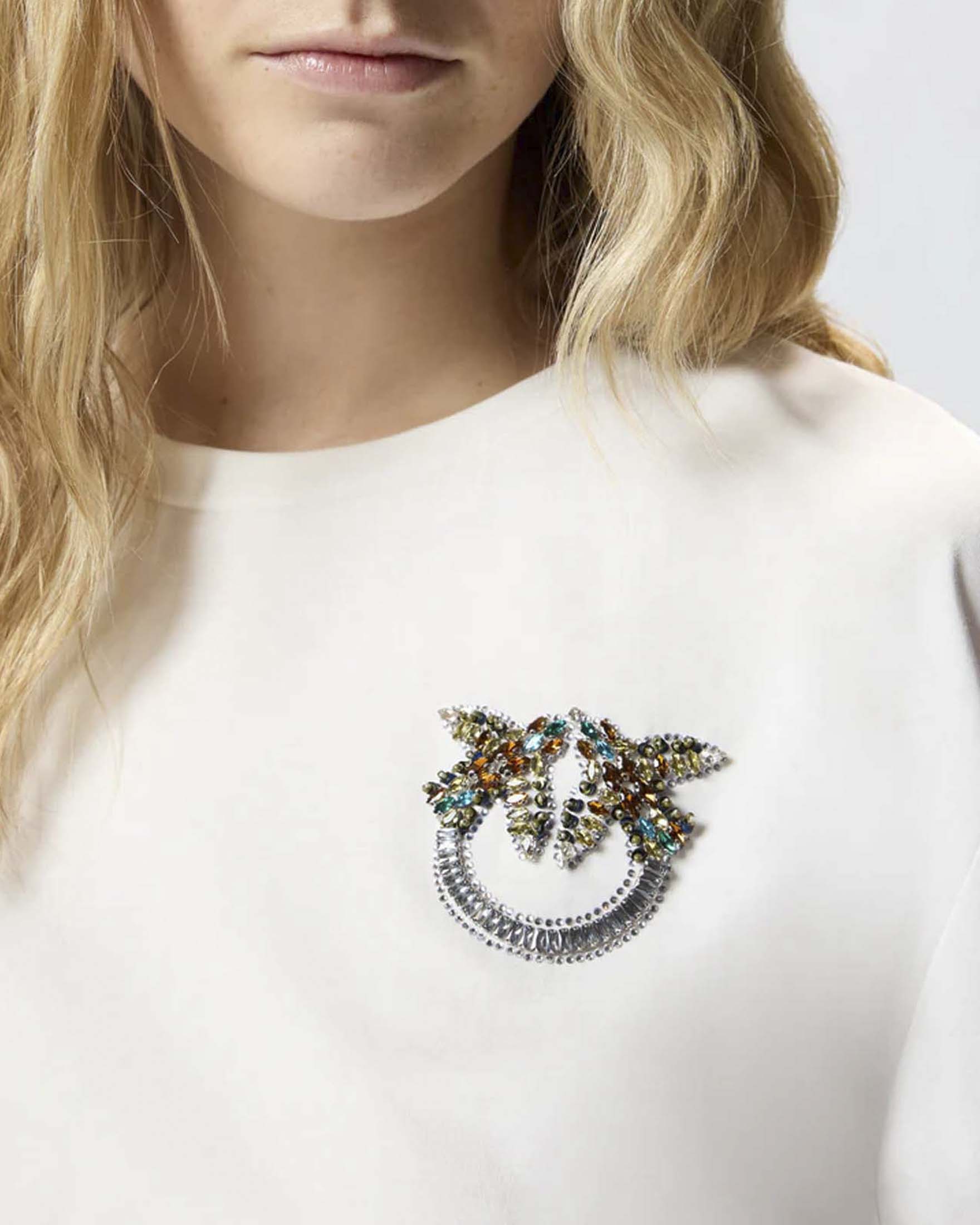 T-shirt maniche corte Pinko bianca in jersey di cotone con ricamo gioiello Love Birds
