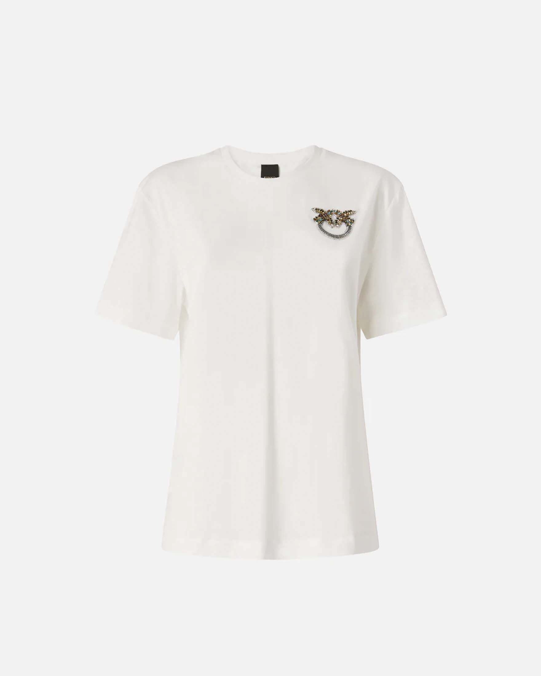 T-shirt maniche corte Pinko bianca in jersey di cotone con ricamo gioiello Love Birds