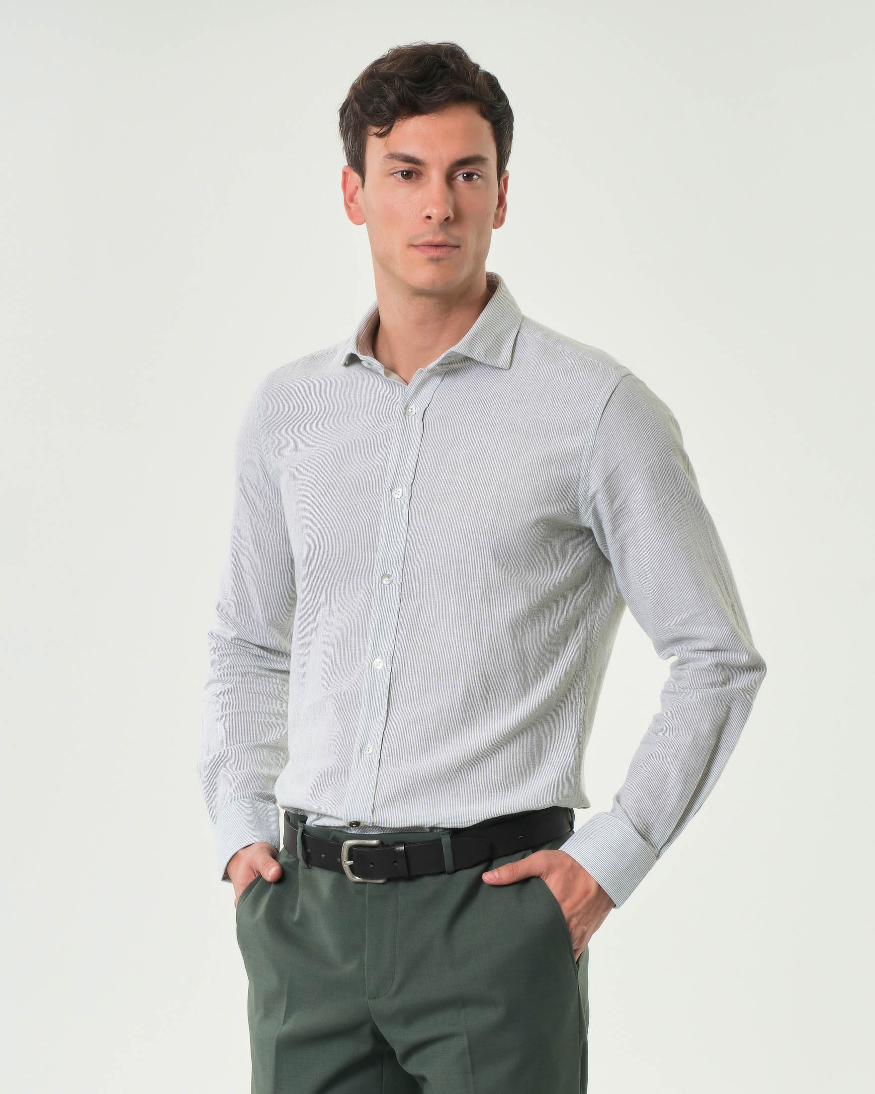 Camicia Alley Docks micro bastoncino bianco salvia in misto lino e cotone con colletto alla francese
