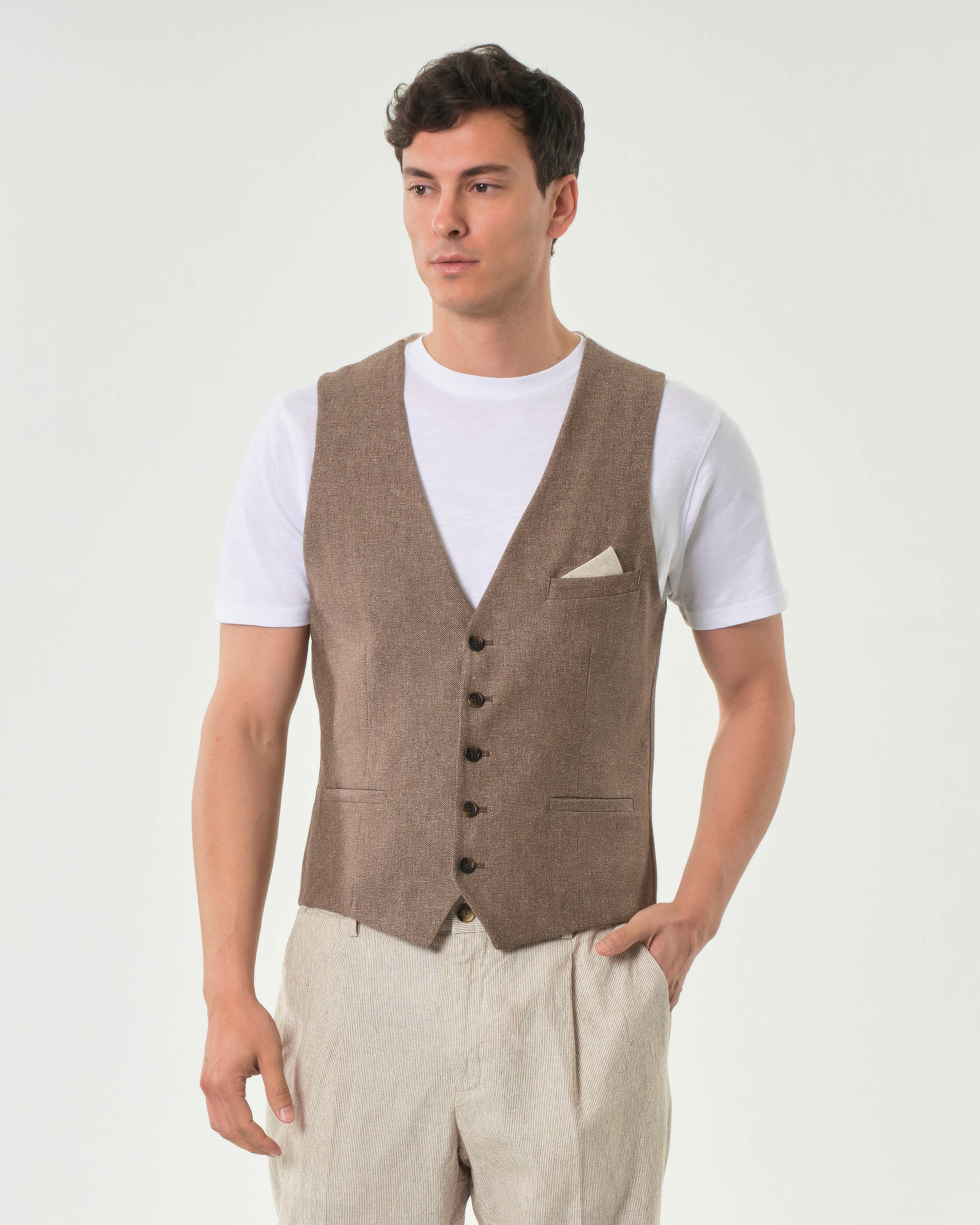 Gilet Alley Docks marrone in tessuto diagonale di misto lino e cotone