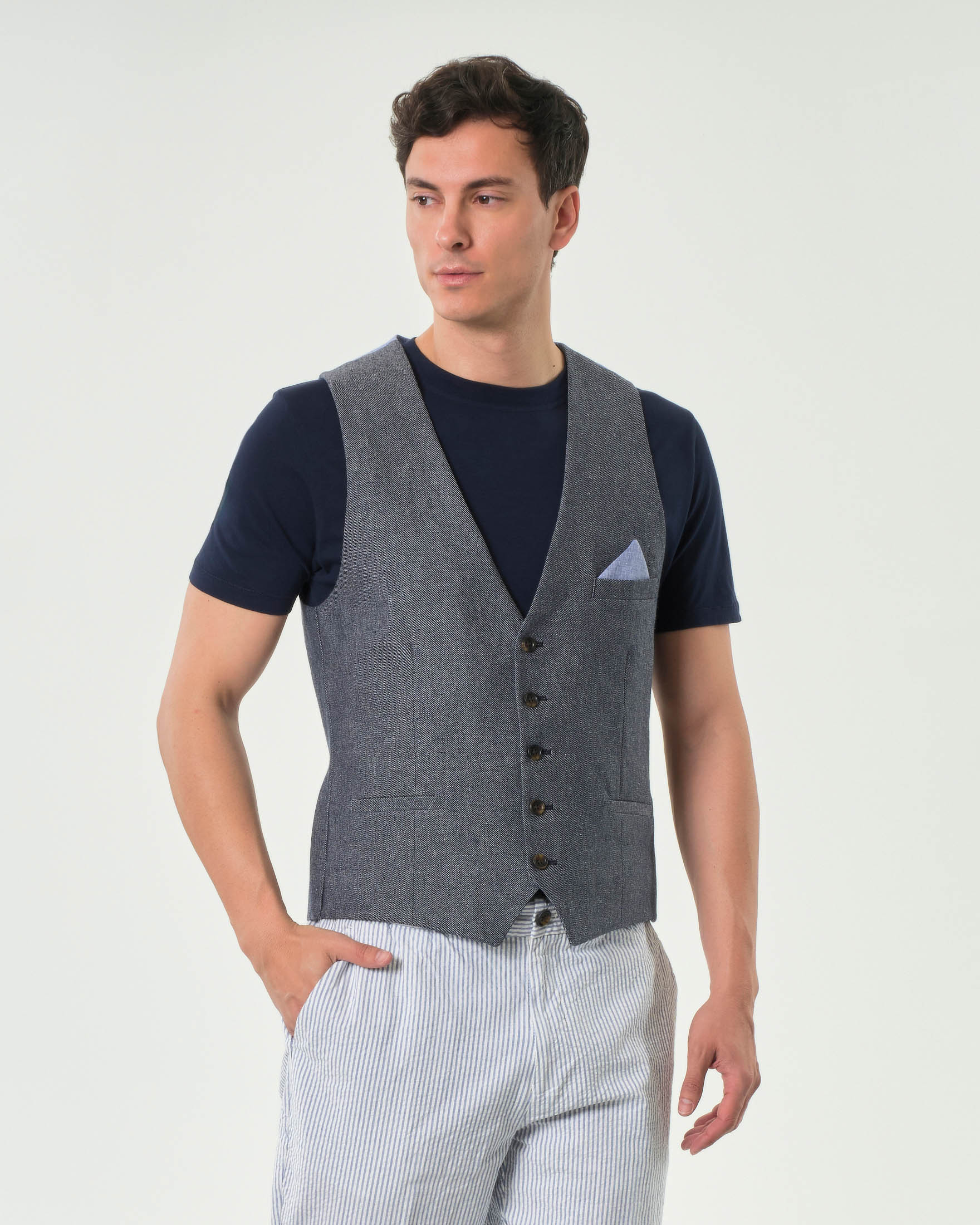 Gilet Alley Docks blu in tessuto diagonale di misto lino e cotone