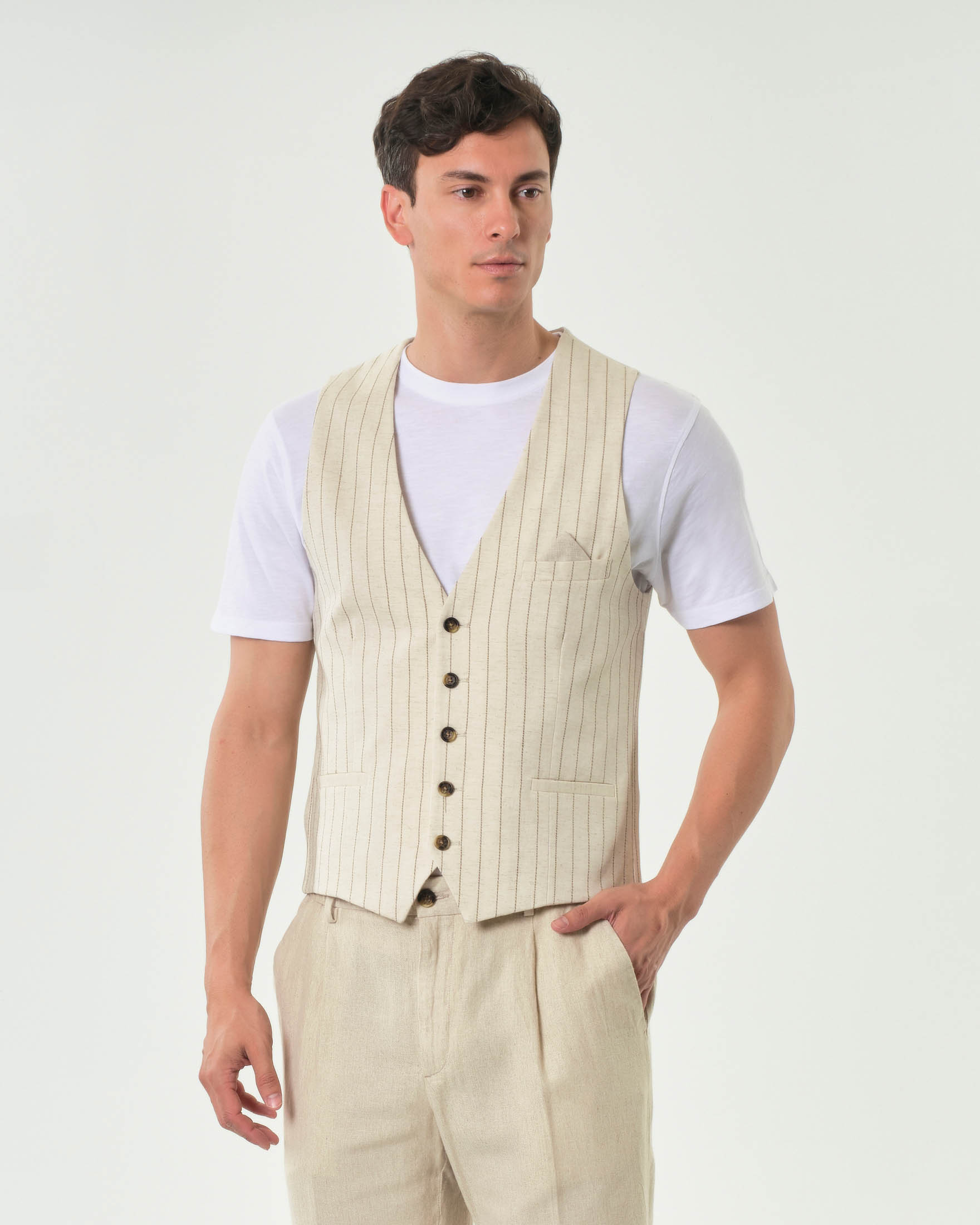 Gilet Alley Docks beige in tessuto gessato di misto lino e cotone