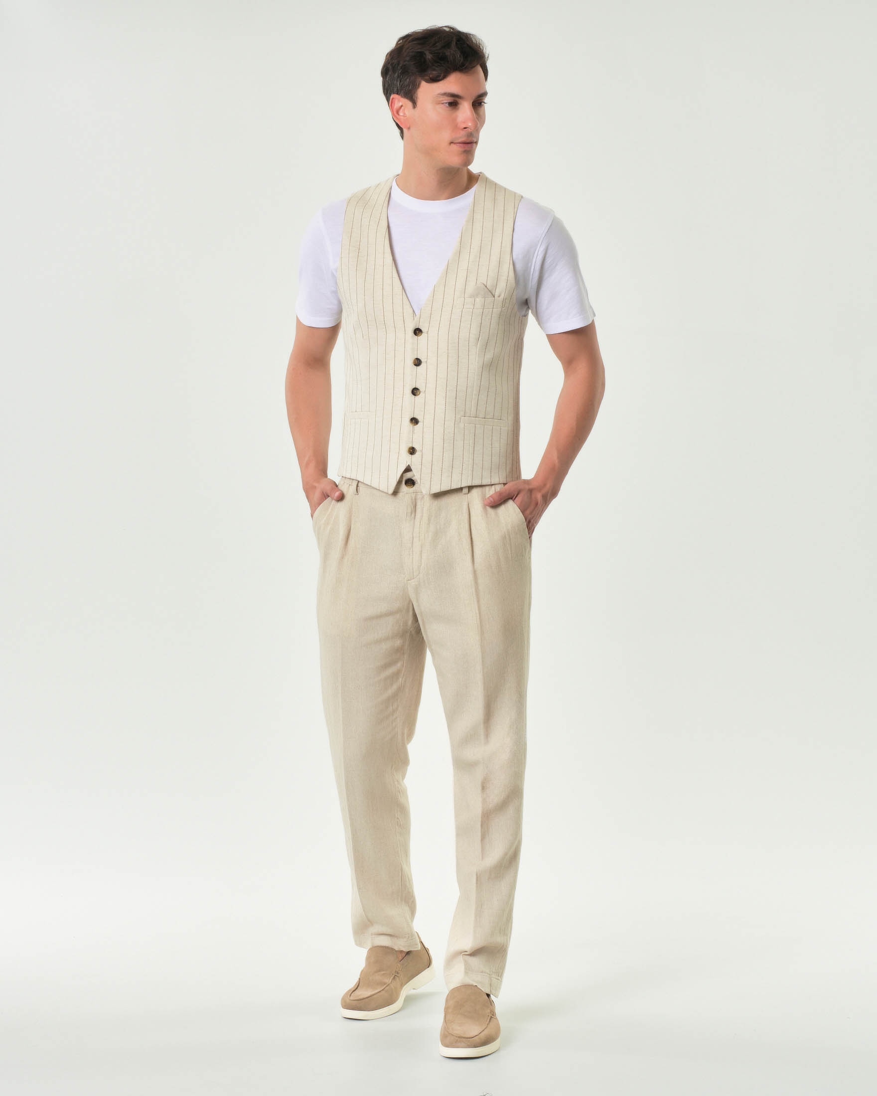 Gilet Alley Docks beige in tessuto gessato di misto lino e cotone image