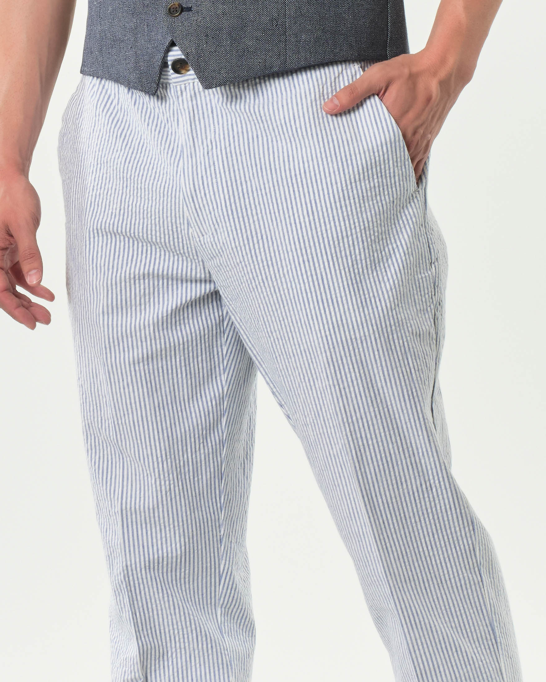 Pantalaccio Alley Docks bastoncino bianco e celeste in seersucker di cotone stretch image