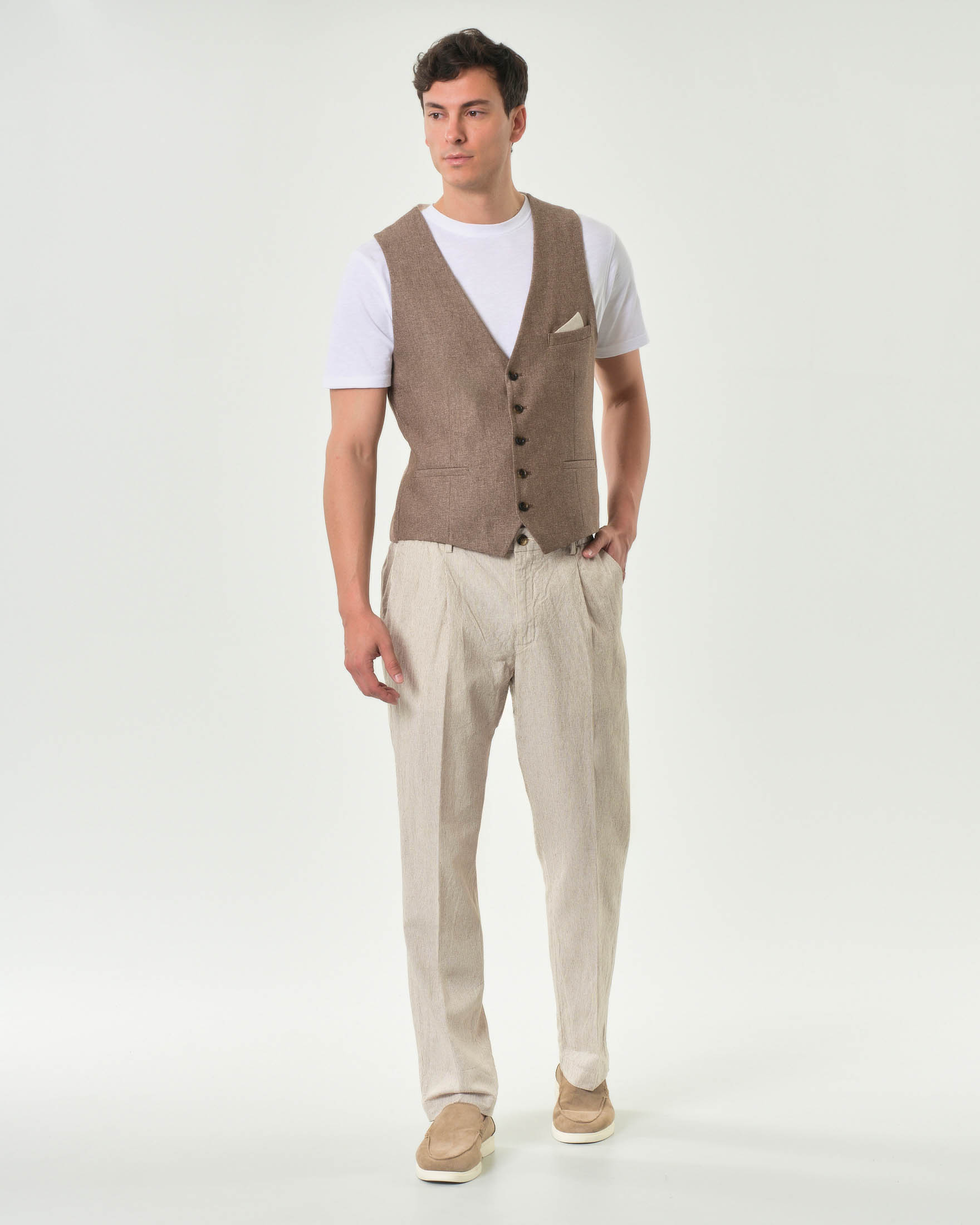 Pantalone chino Alley Docks in misto lino e cotone micro riga beige