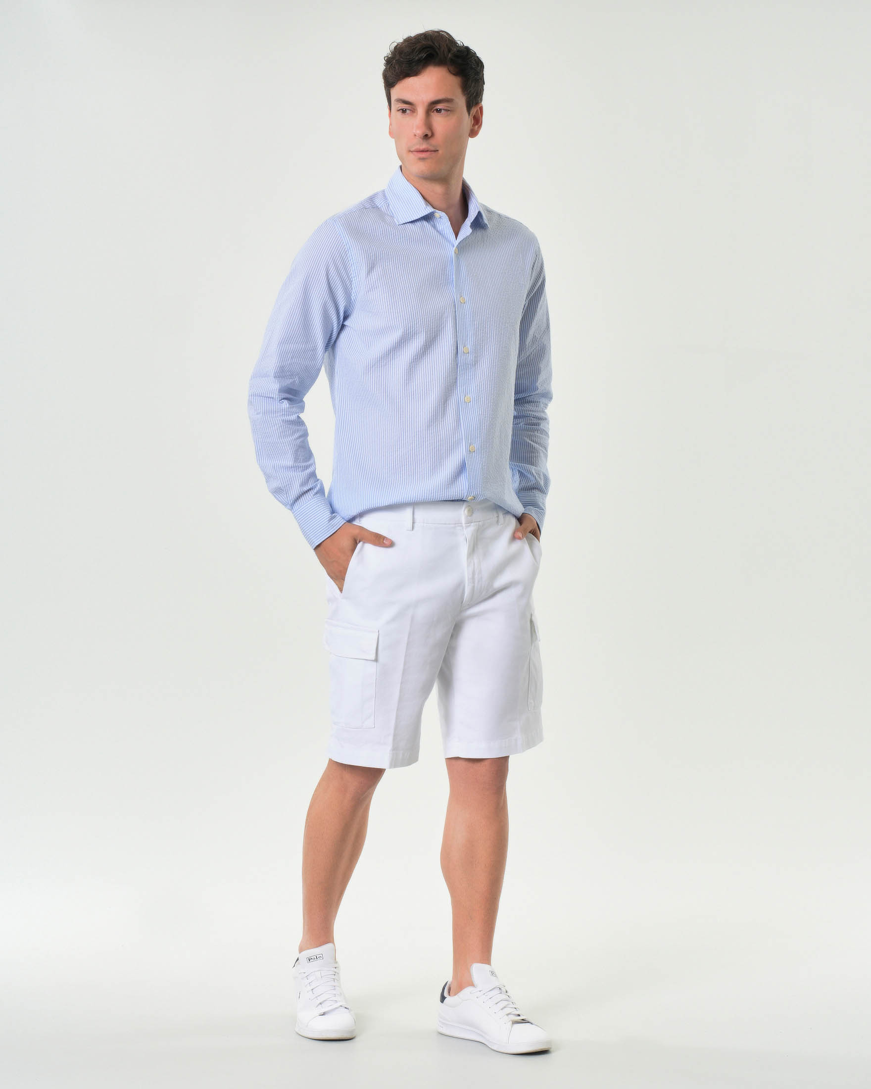 Bermuda cargo Ashki.i bianco in tricotina di cotone stretch