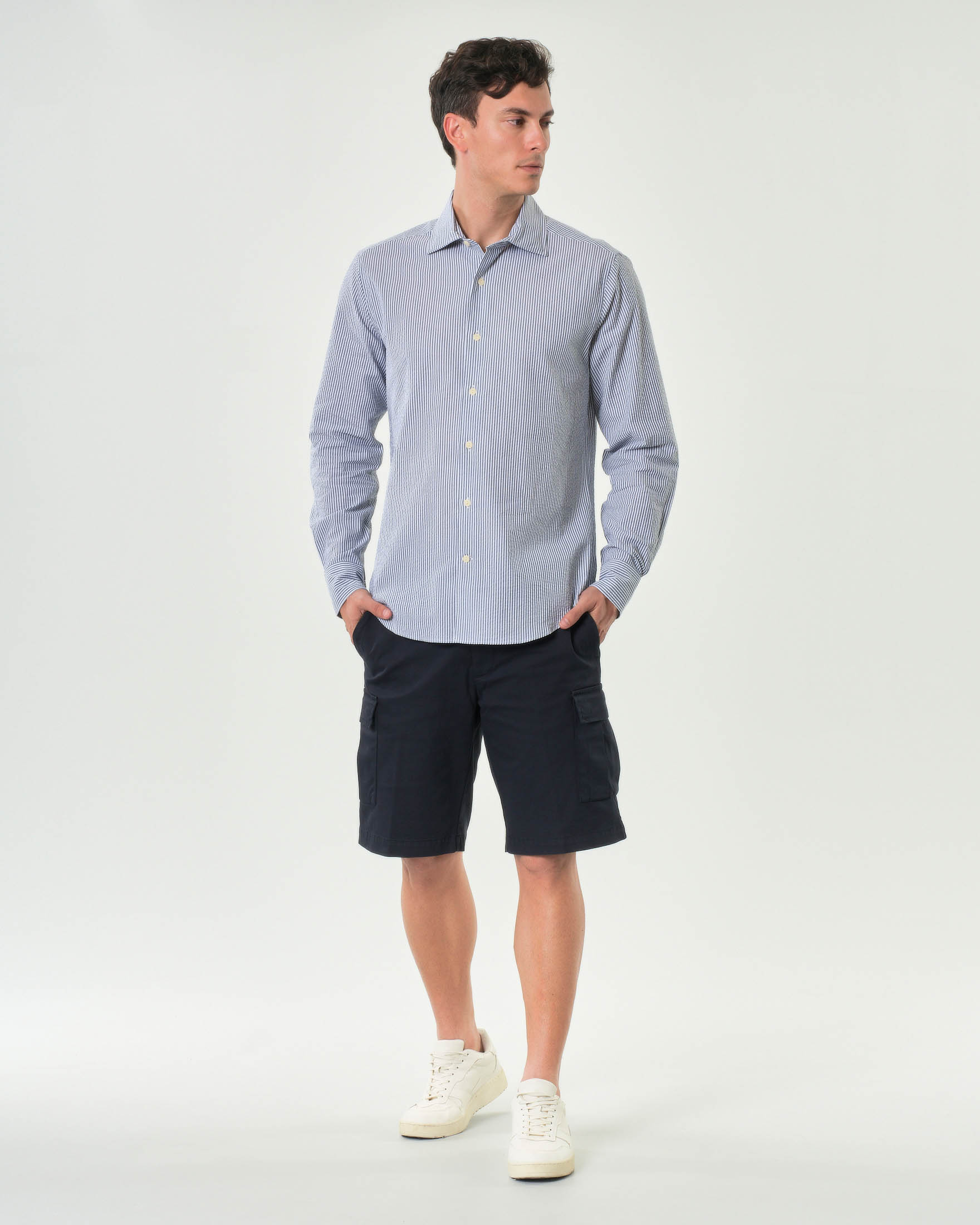 Bermuda cargo Ashki.i blu in tricotina di cotone stretch