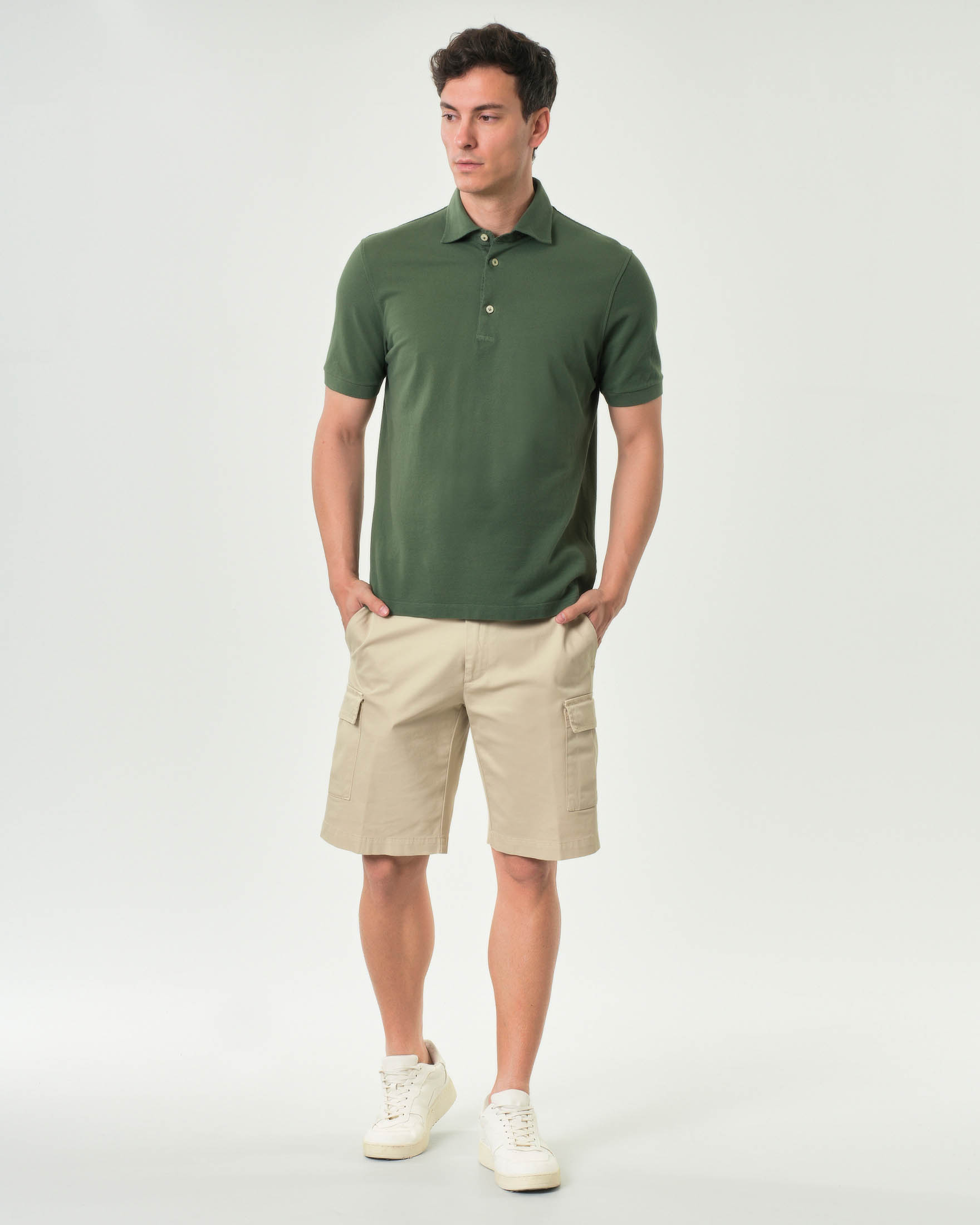 Bermuda cargo Ashki.i beige in tricotina di cotone stretch