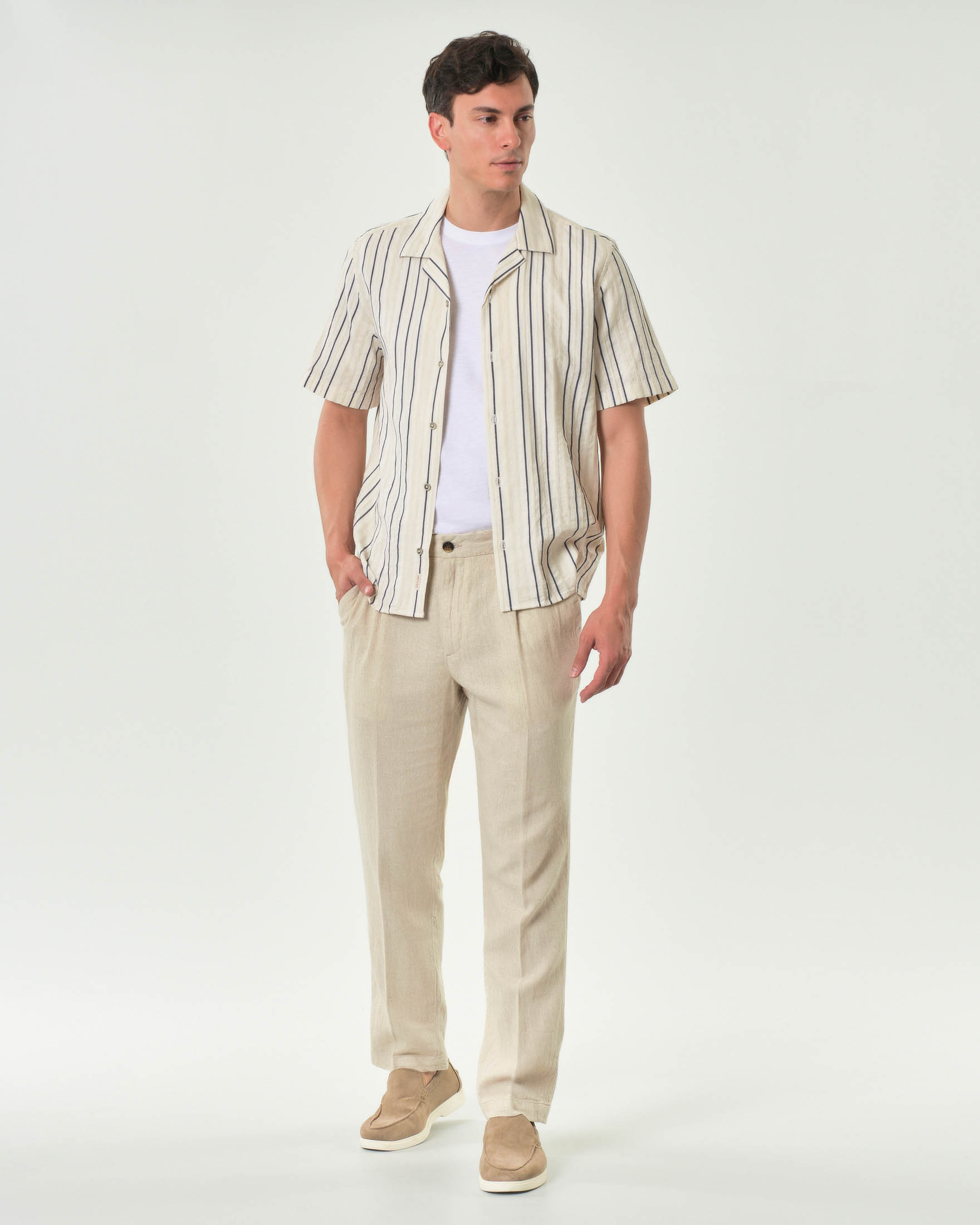 Camicia mezza manica Impure panna a righe blu in misto cotone e lino image