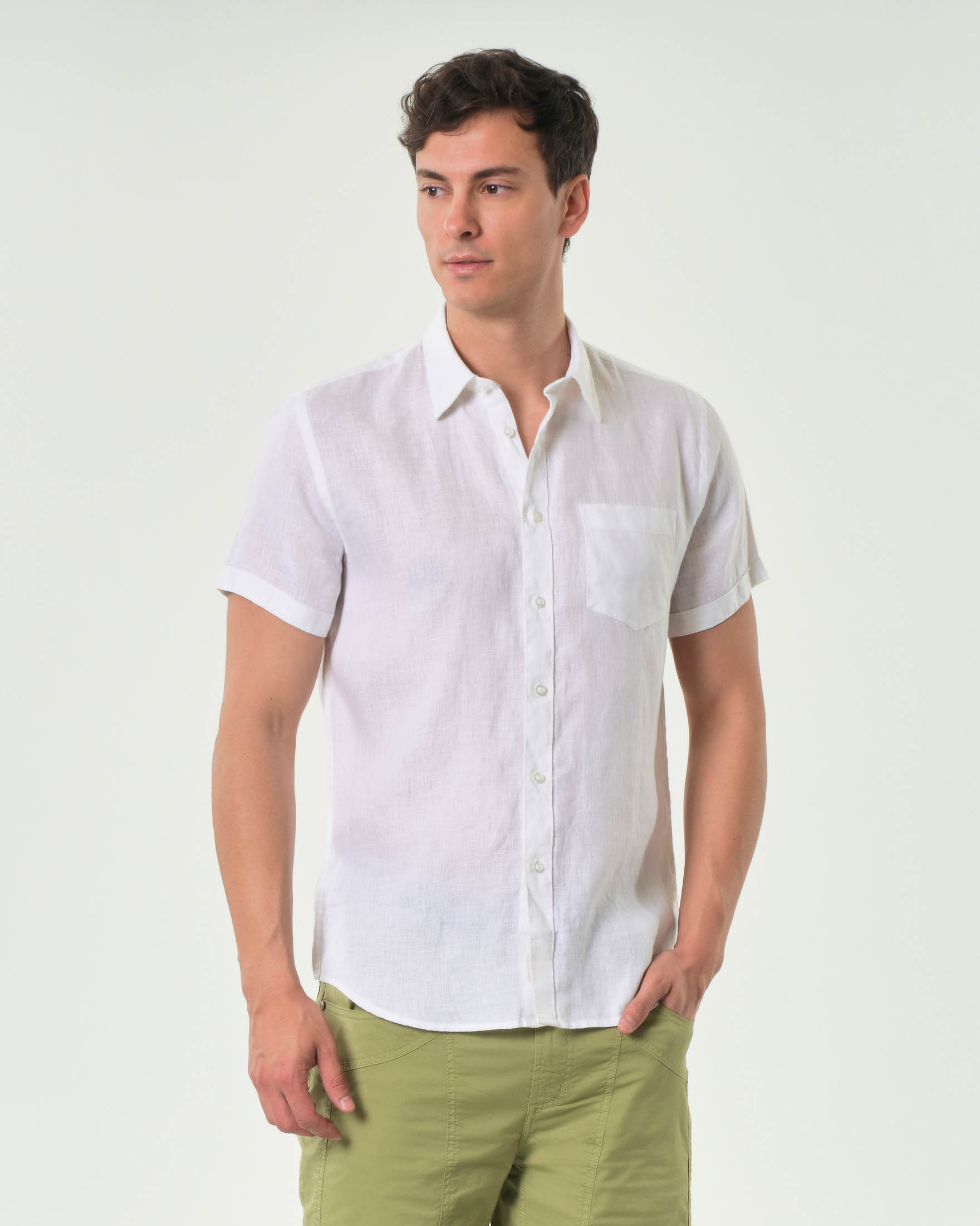 Camicia mezza manica Impure bianca in puro lino con taschino al petto