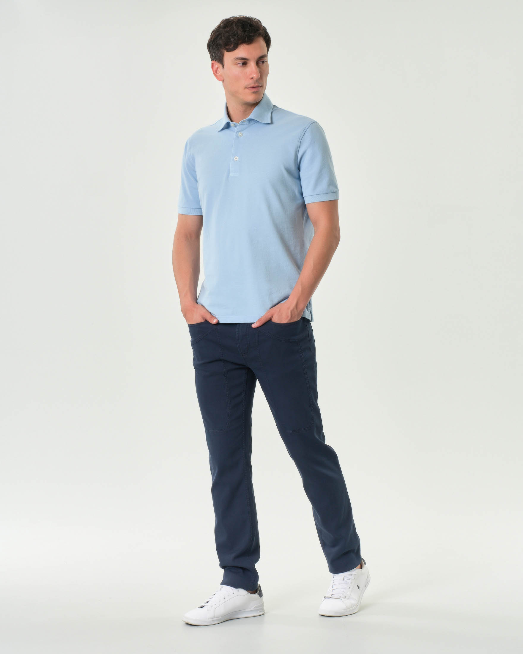 Pantalone Jeckerson blu cinque tasche modello PA077 in cotone stretch micro riga con toppa