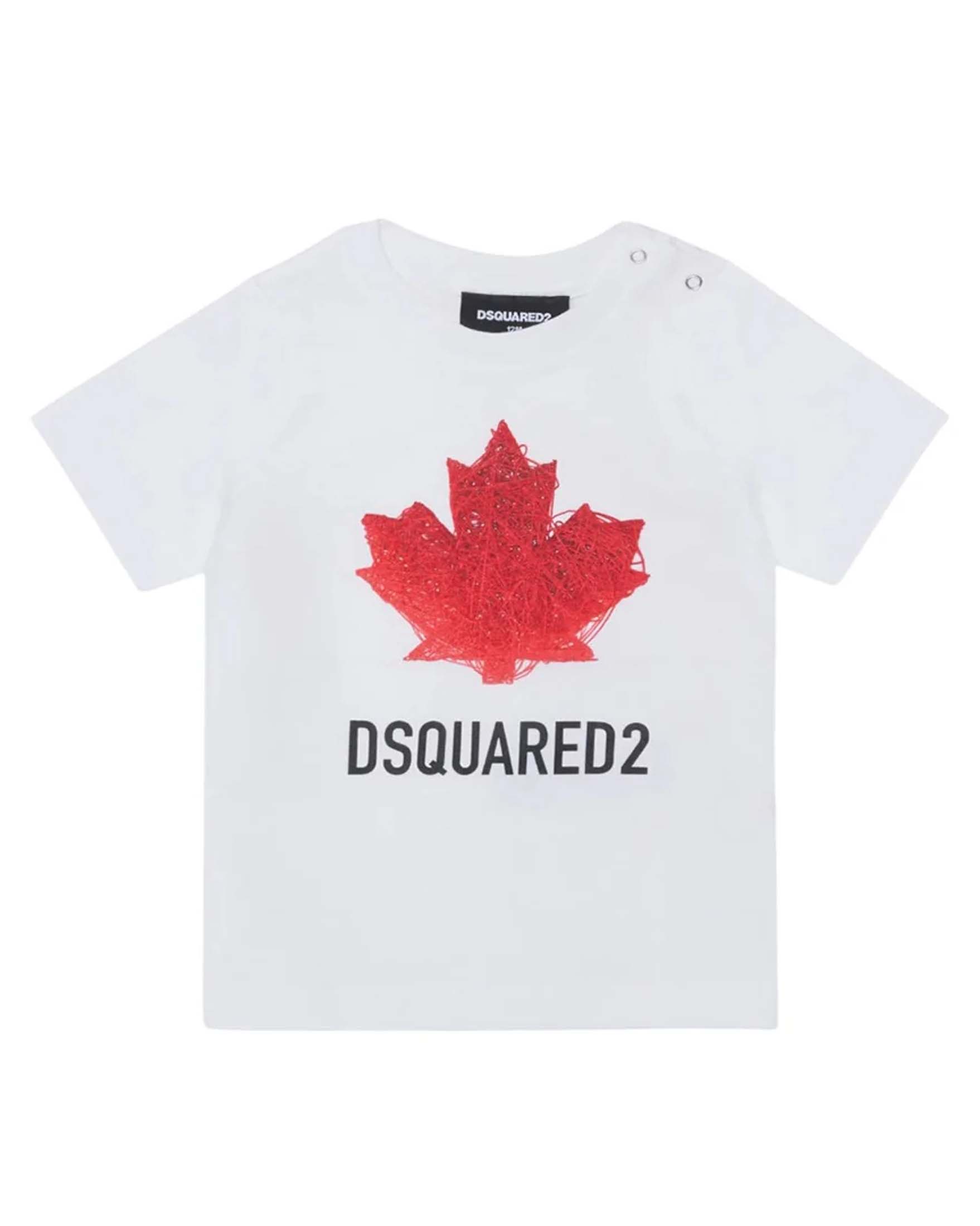 T-shirt Dsquared2 bianca in puro cotone con scritta logo e foglia icon rossa