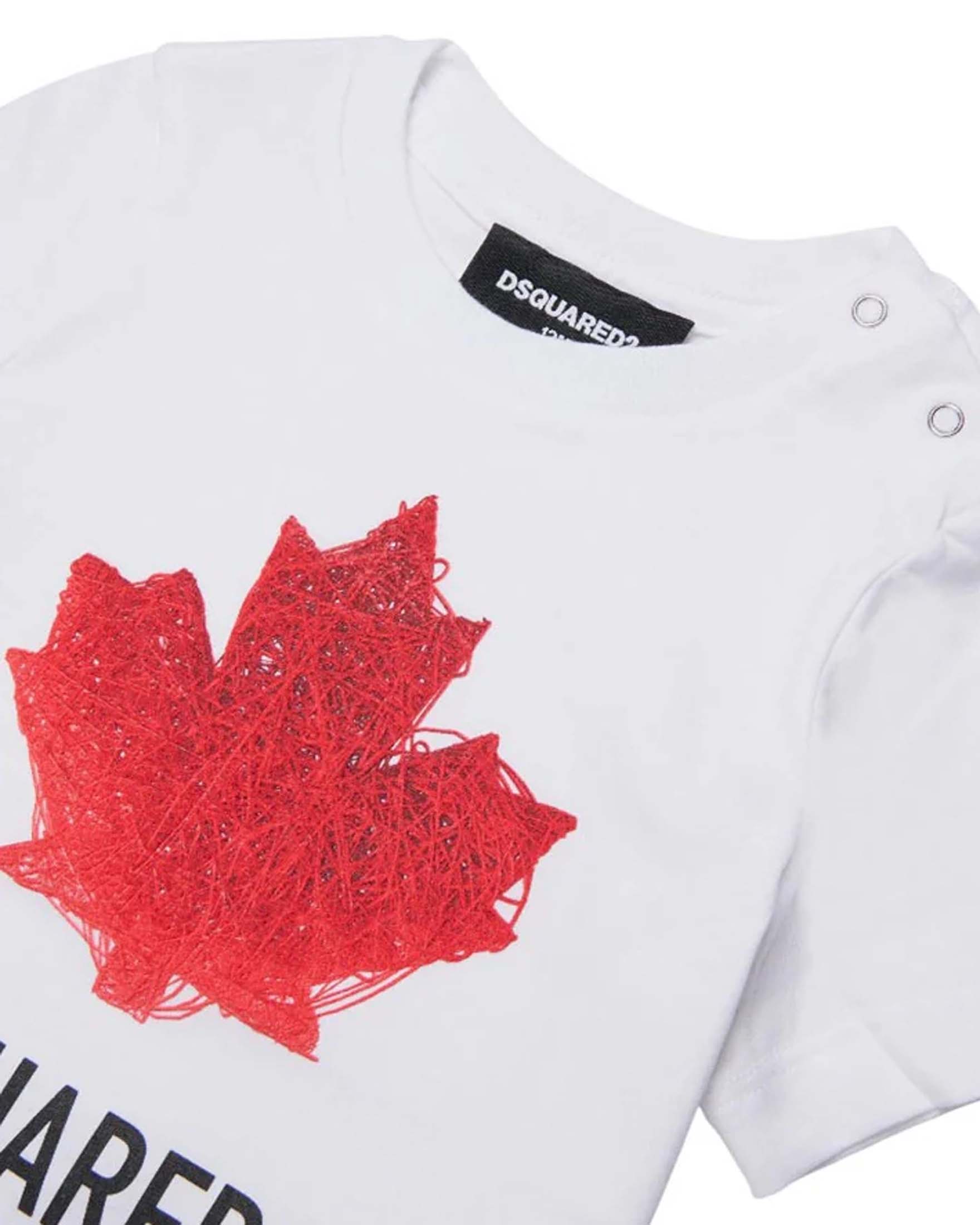 T-shirt Dsquared2 bianca in puro cotone con scritta logo e foglia icon rossa image