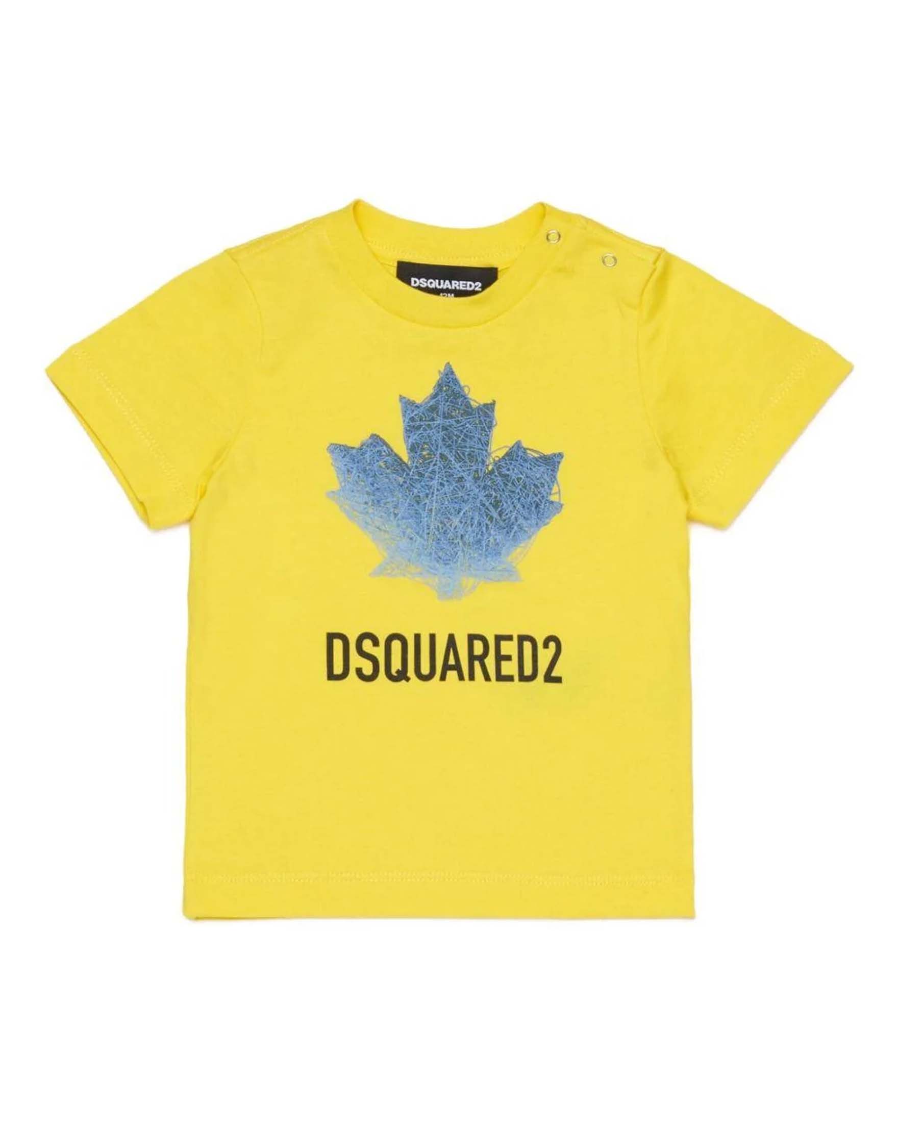 T-shirt Dsquared2 gialla in puro cotone con scritta logo e foglia icon azzurra