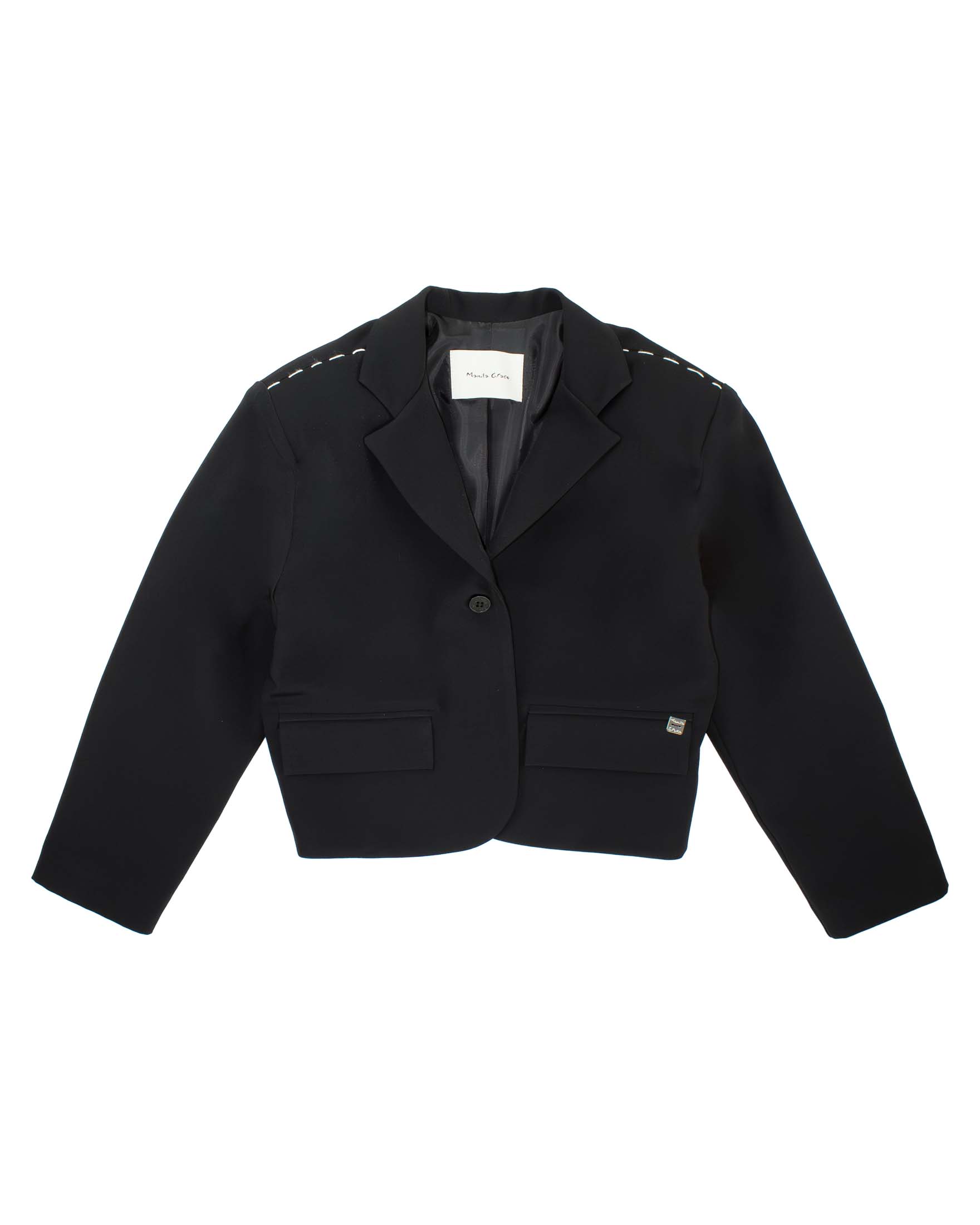 Blazer nero Manila Grace modello bomber con impunture bianche
