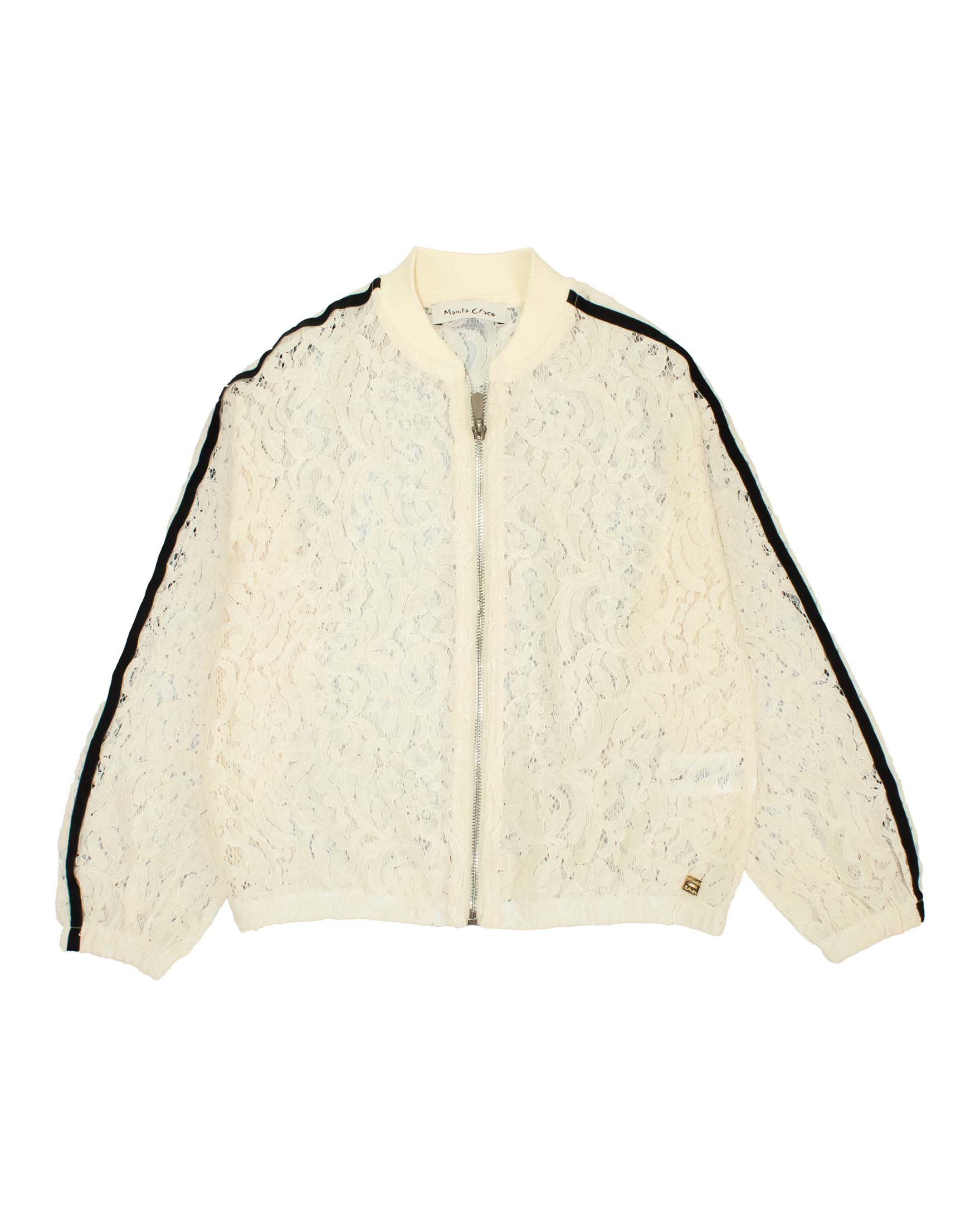 Giacca bomber Manila Grace in pizzo color panna con zip