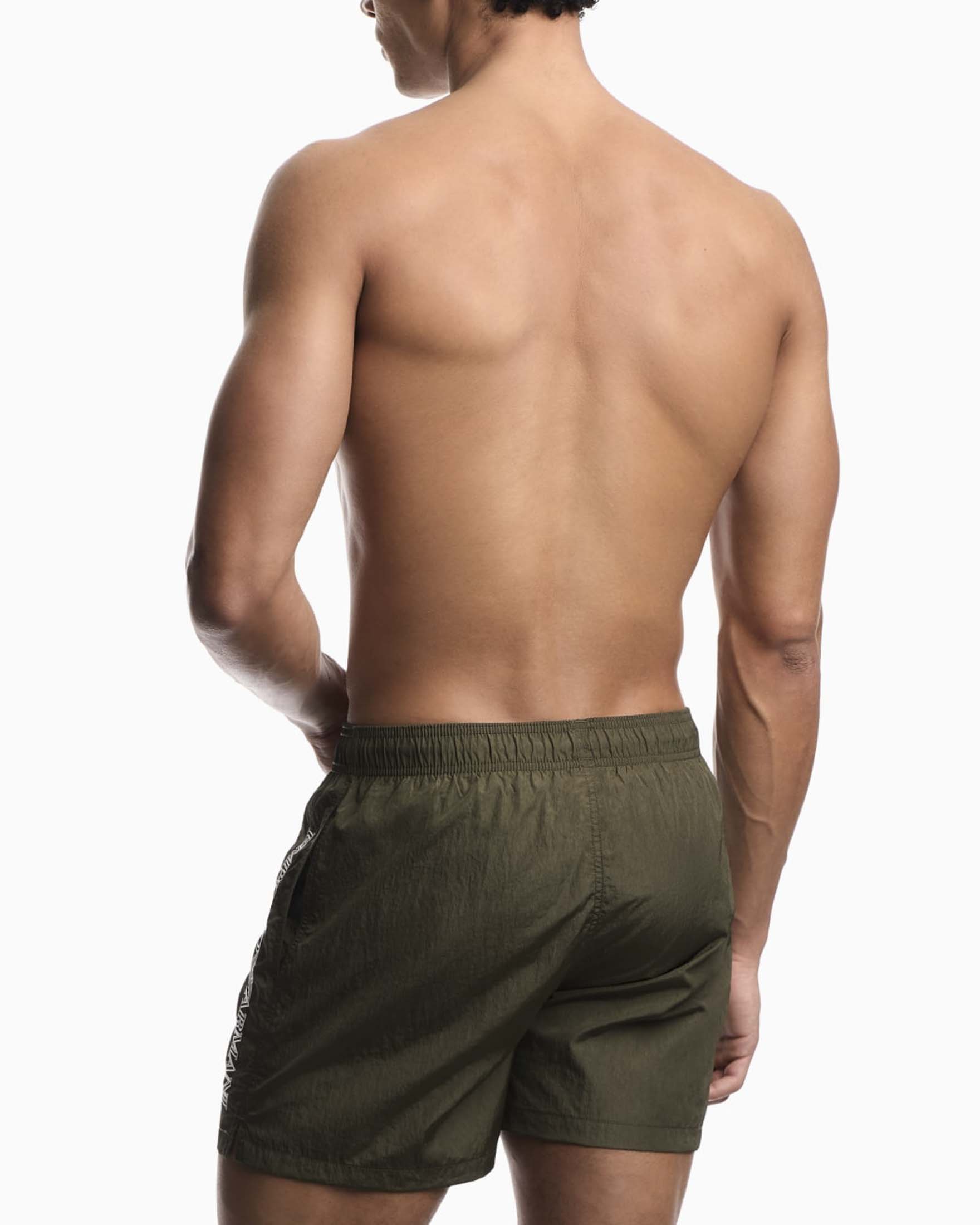 Boxer mare Emporio Armani verde militare in tessuto crinkle con logo stampato laterale image