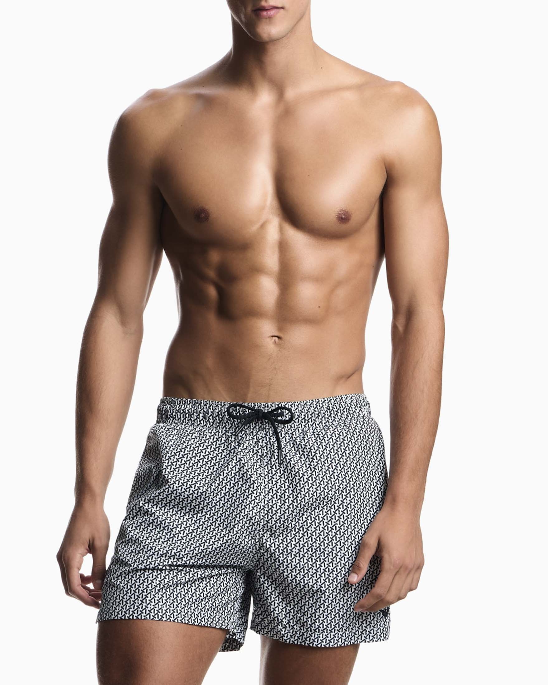 Boxer mare Emporio Armani bianco con micro fantasia blu e logo ricamato