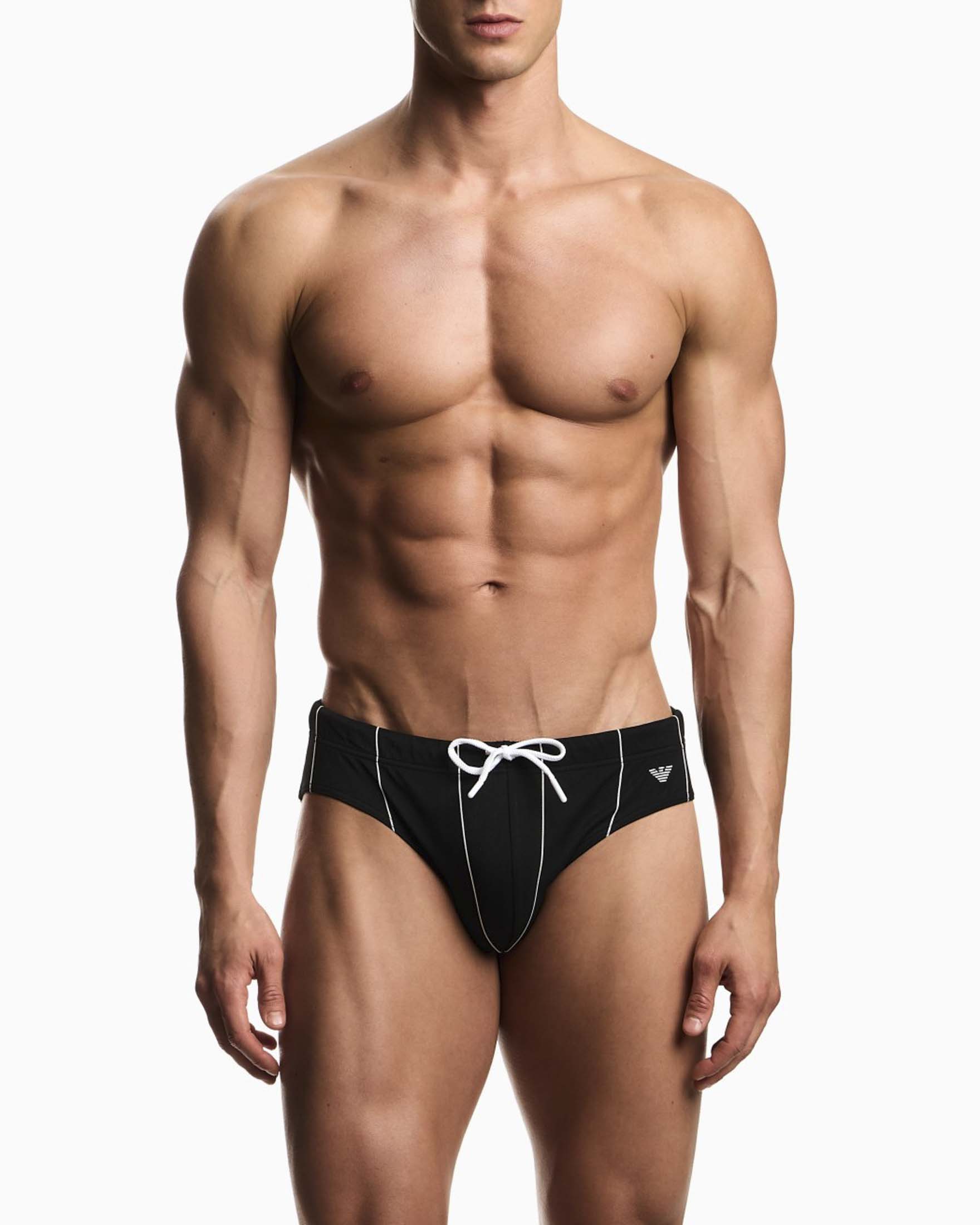 Slip mare Emporio Armani Mare nero gessato in tessuto stretch con logo ricamato