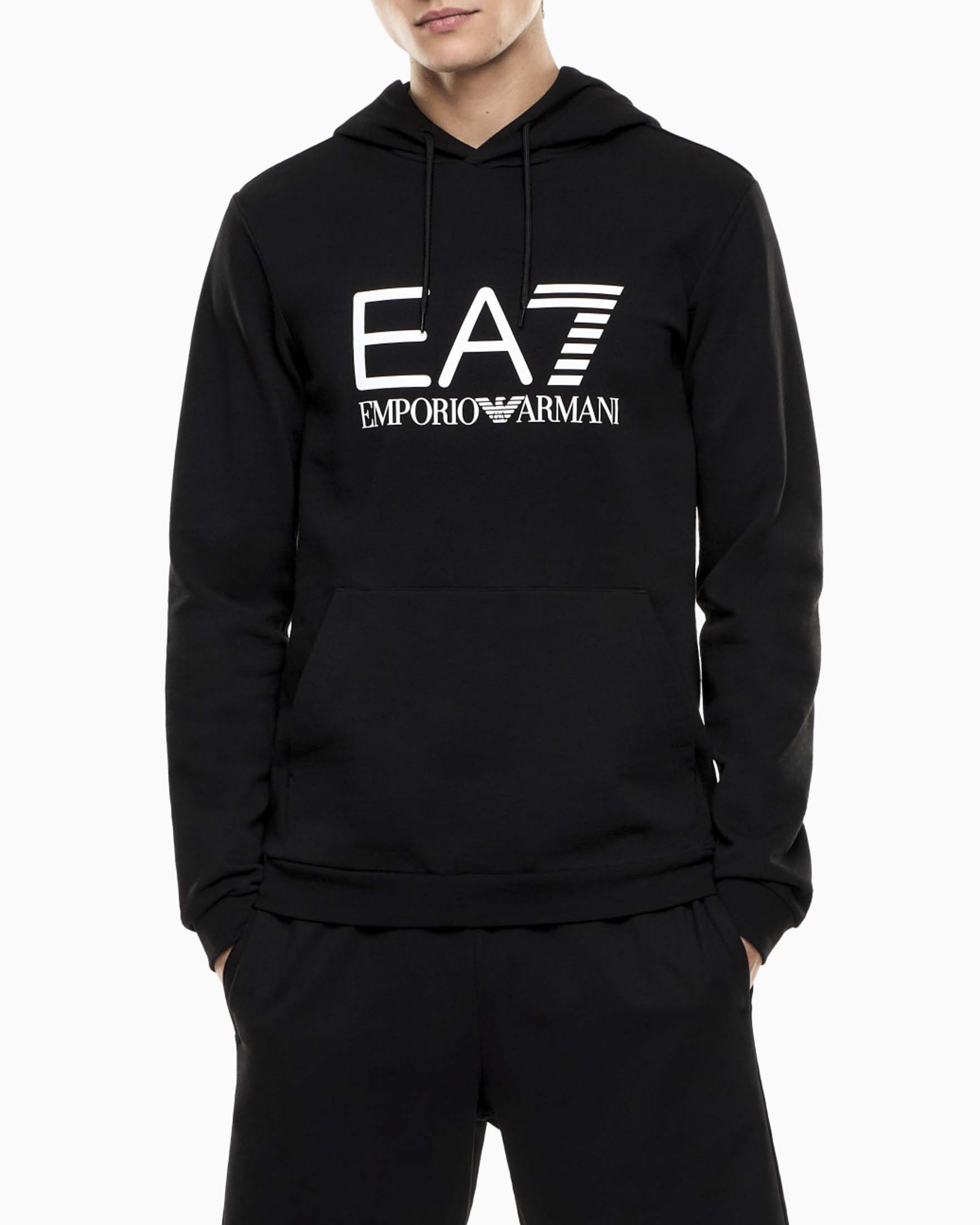 Felpa nera EA7 in puro cotone con cappuccio e stampa logo image