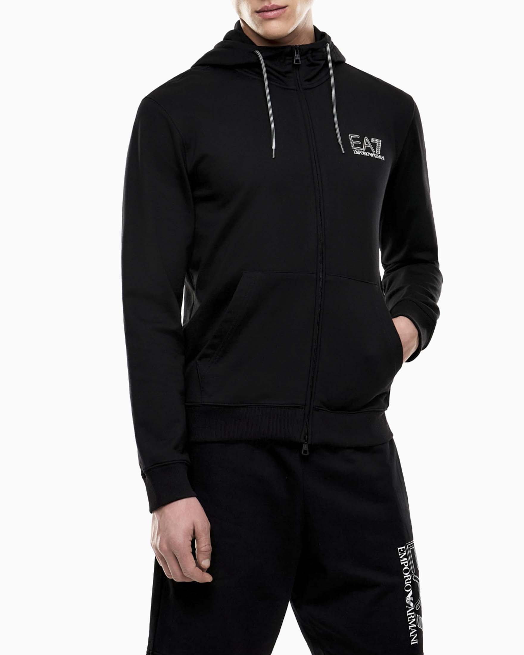 Felpa EA7 nera in puro cotone con cappuccio e zip