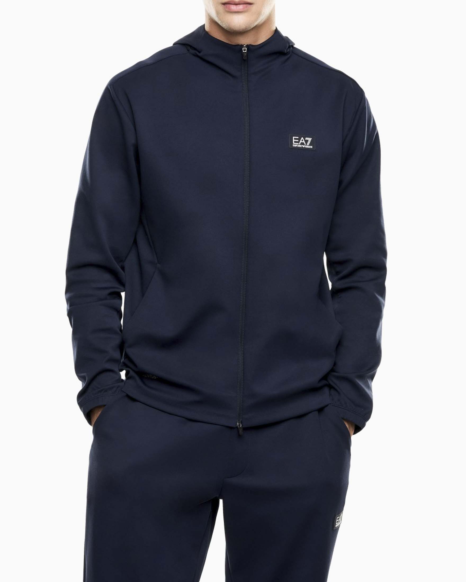 Felpa EA7 blu scuro in tessuto tecnico con cappuccio e zip