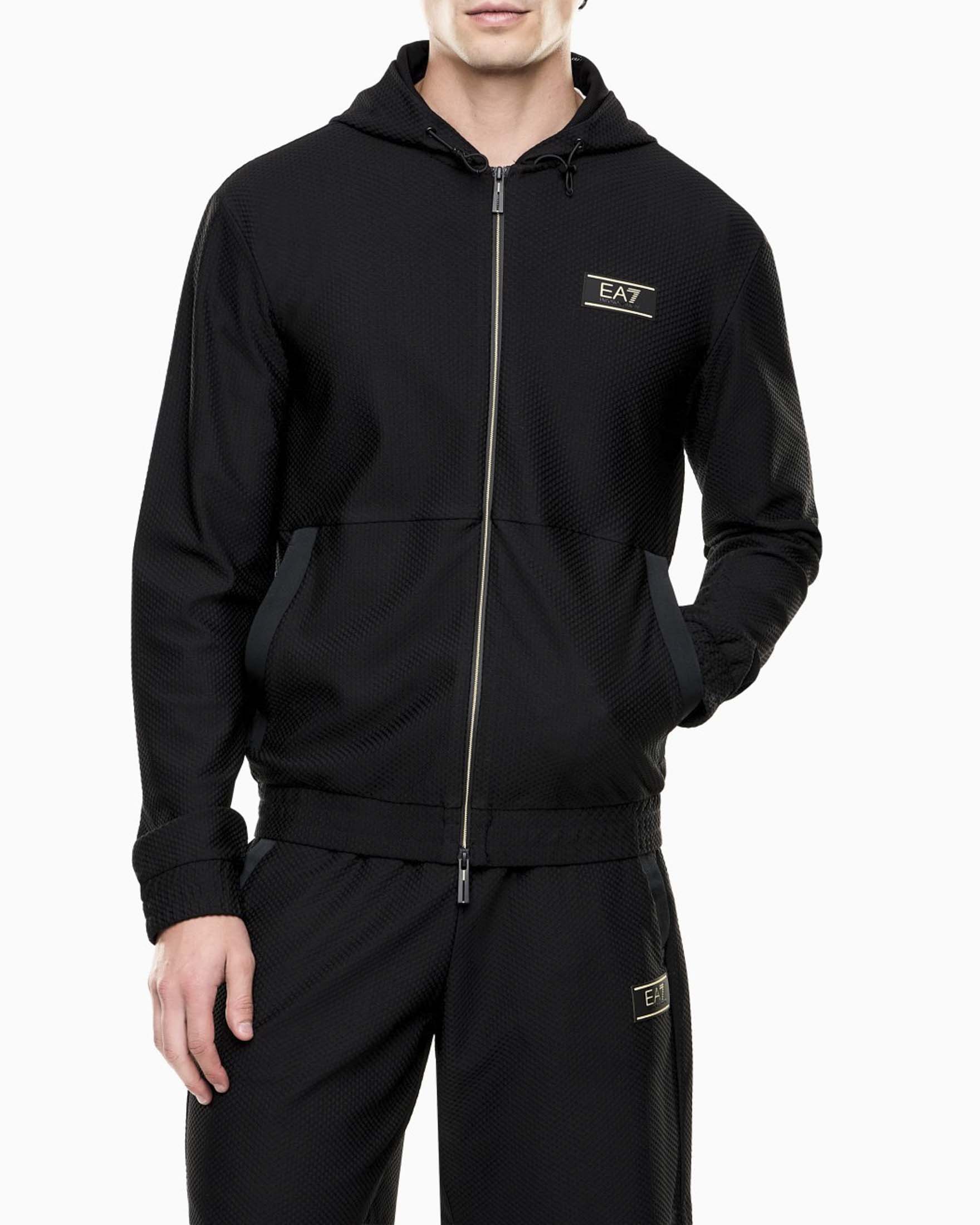 Felpa EA7 nera in tessuto elasticizzato con cappuccio e zip