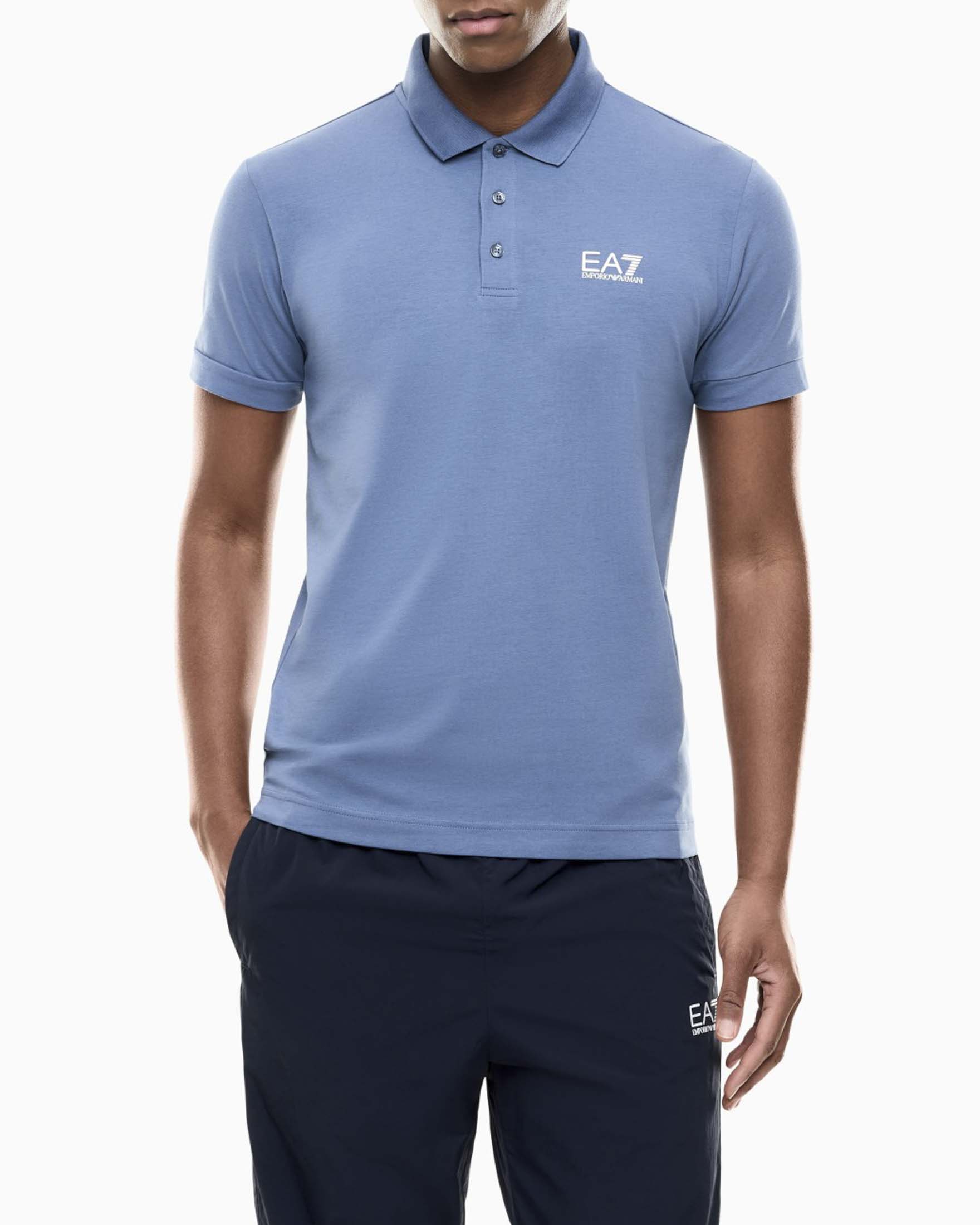 Polo mezza manica EA7 celeste in cotone elasticizzato con stampa logo