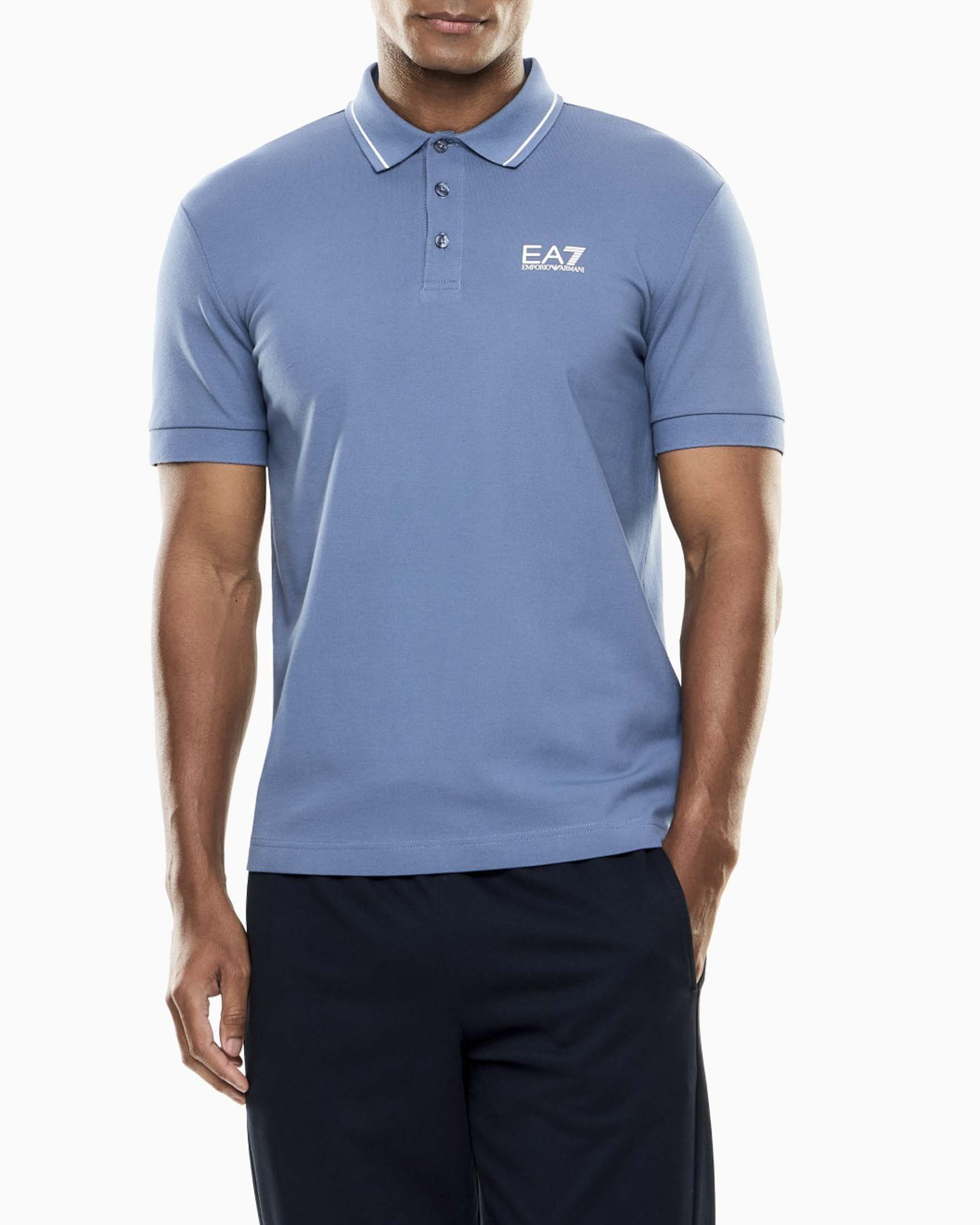Polo EA7 celeste in piqué di cotone stretch con logo stampato