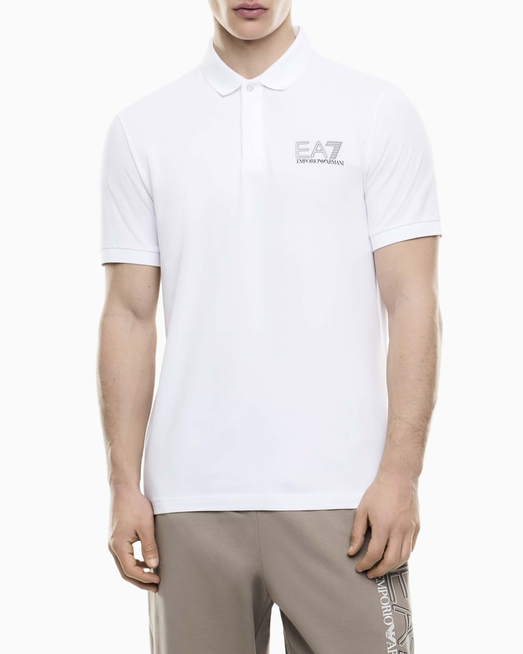 Polo EA7 bianca in cotone stretch con logo ricamato sul petto