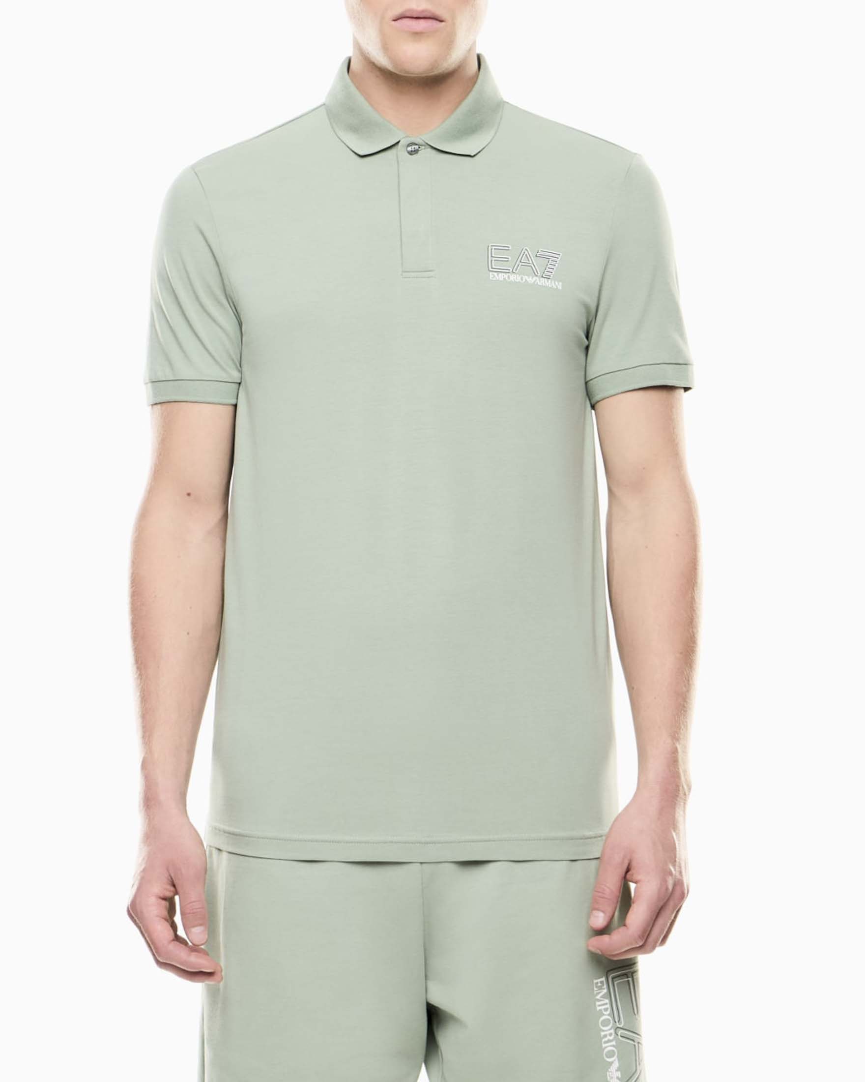 Polo EA7 salvia in cotone stretch con logo ricamato sul petto