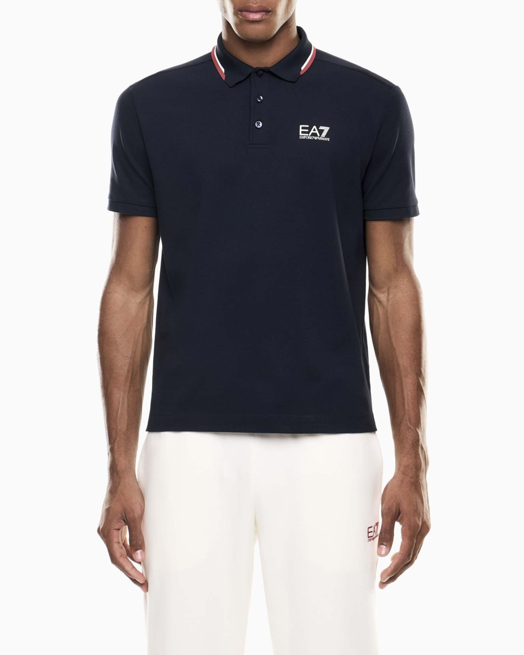 Polo EA7 blu navy in cotone stretch con logo stampato e bordini a contrasto