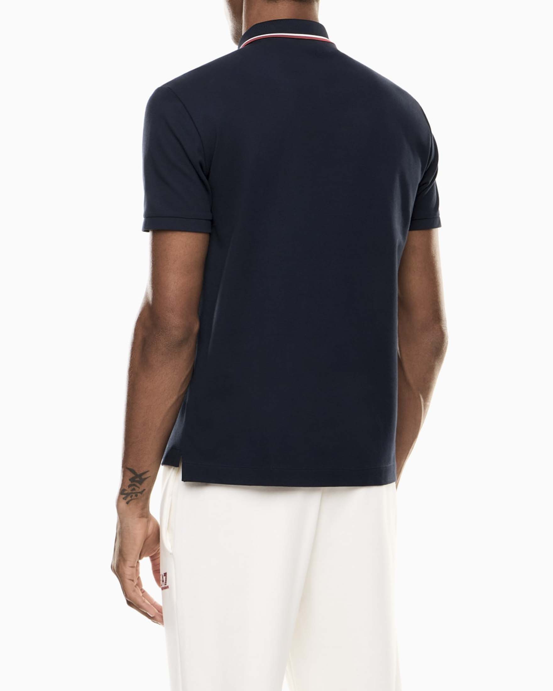 Polo EA7 blu navy in cotone stretch con logo stampato e bordini a contrasto image