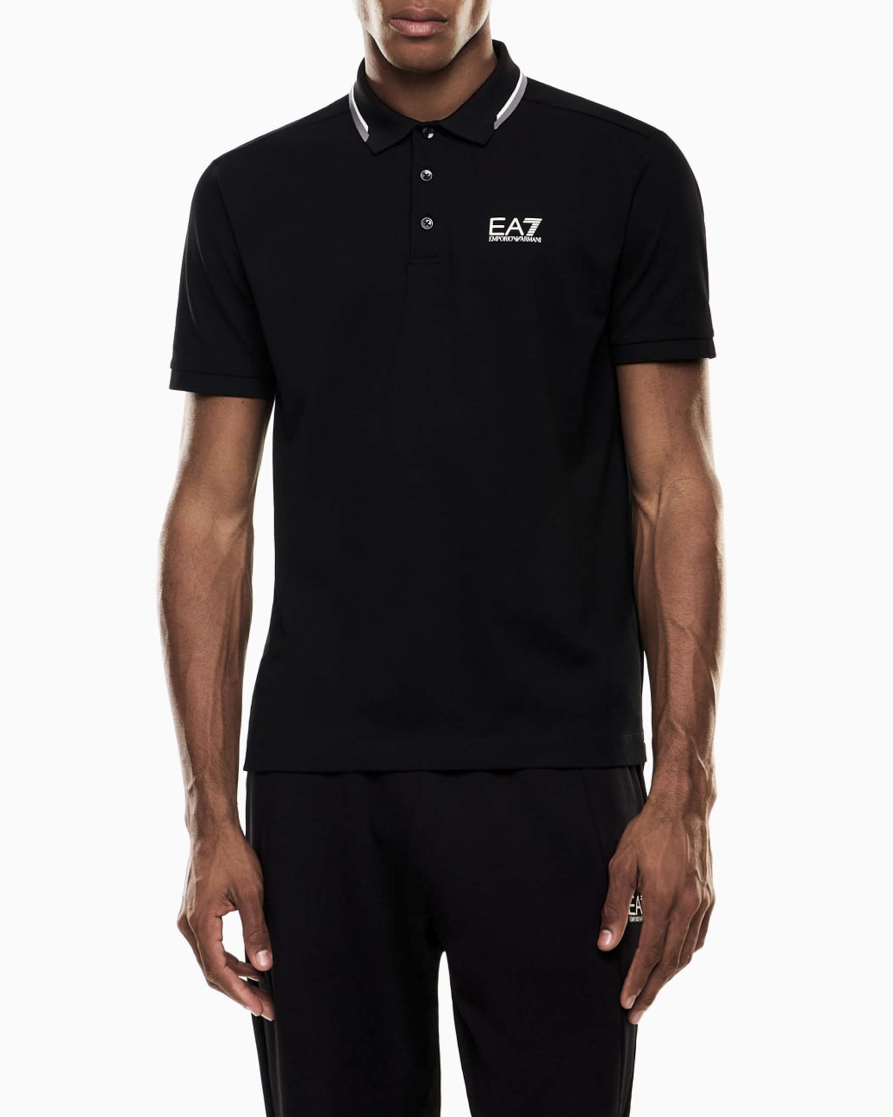 Polo EA7 nera in cotone stretch con logo stampato e bordini a contrasto