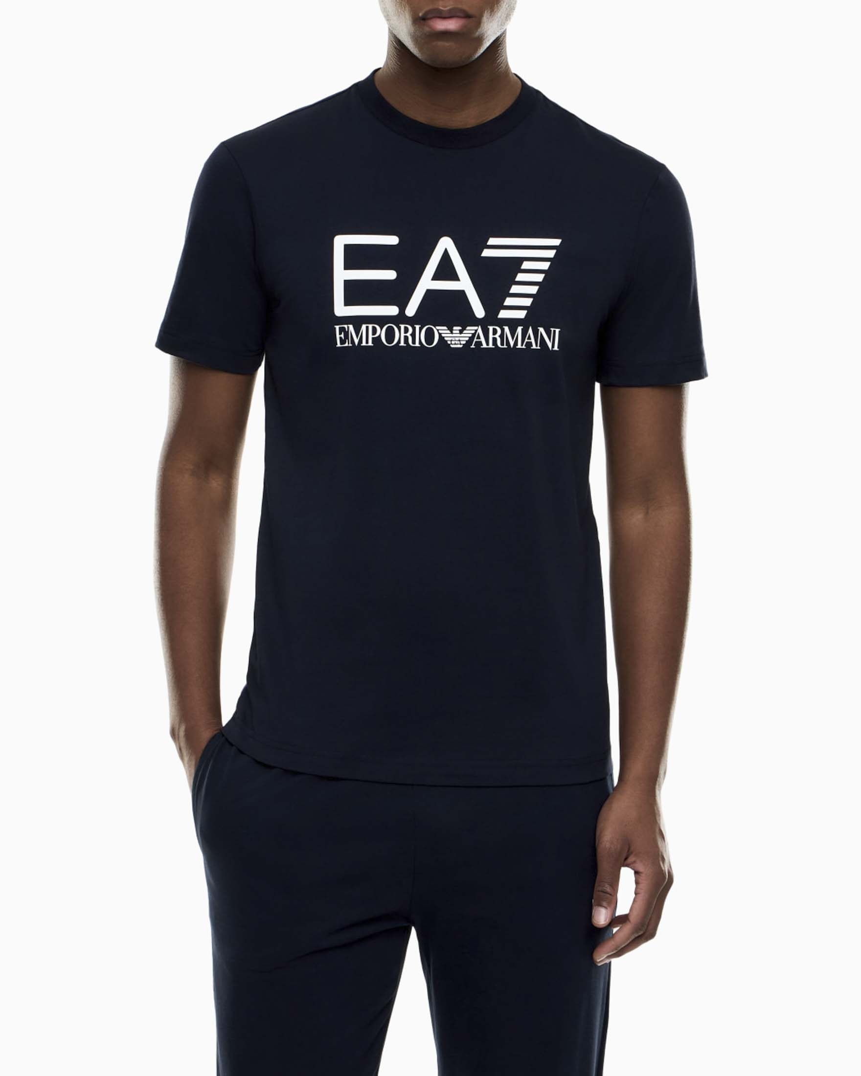 T-shirt mezza manica blu in cotone con maxi stampa logo
