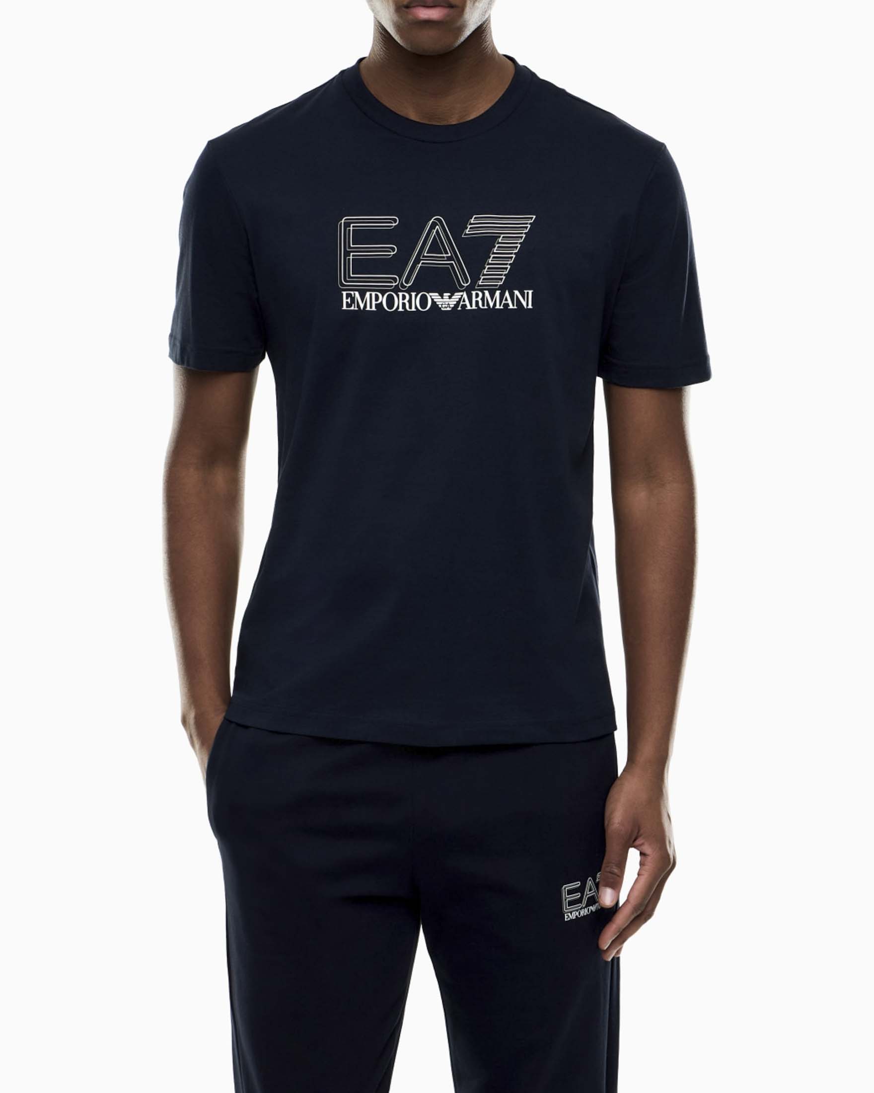 T-shirt blu in cotone a maniche corte con stampa logo