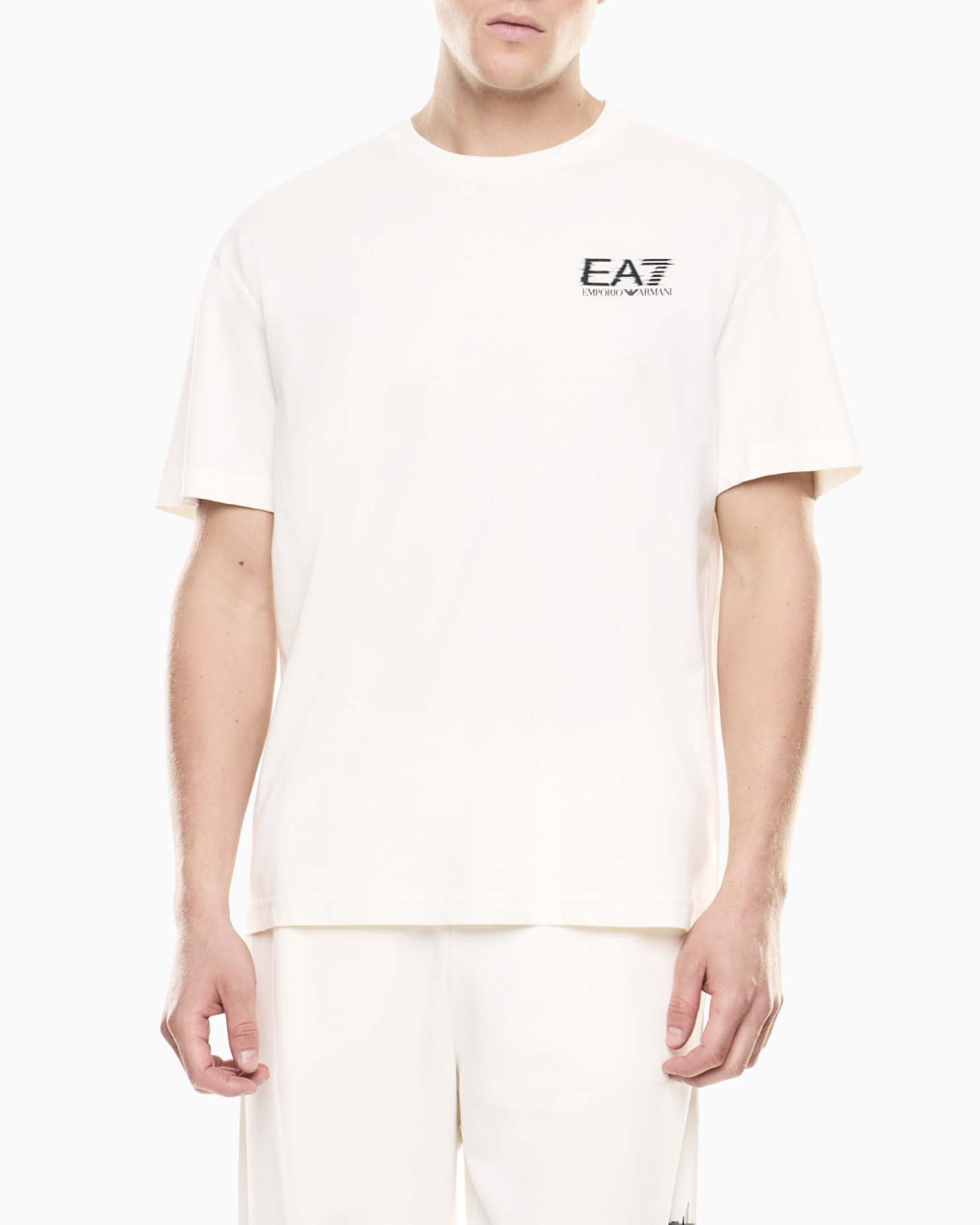 T-shirt mezza manica EA7 panna in cotone con stampa logo fronte e retro