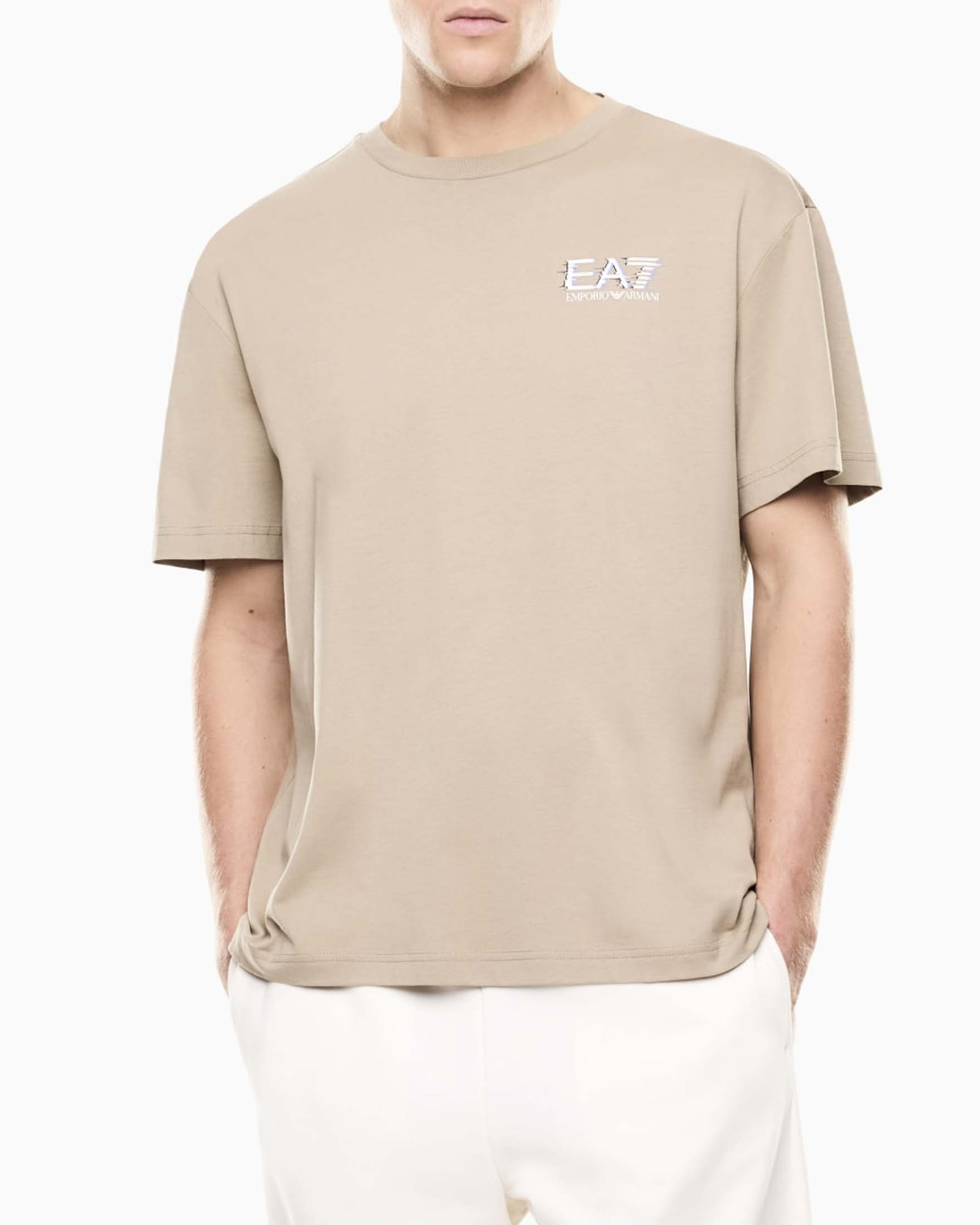 T-shirt mezza manica EA7 sabbia in cotone con stampa logo fronte e retro