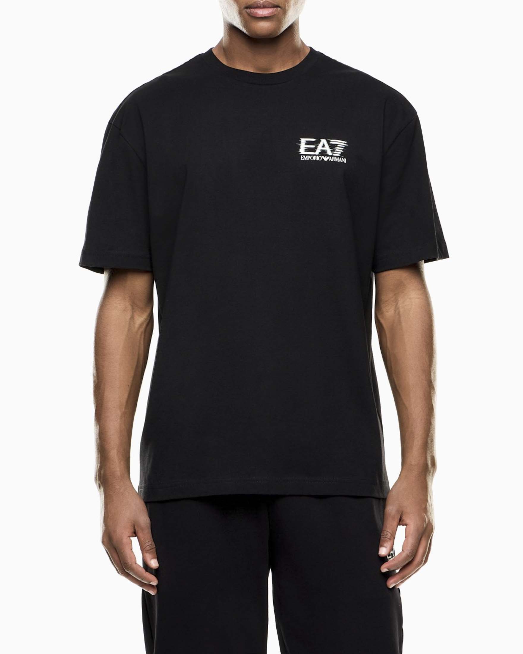 T-shirt mezza manica EA7 nera in cotone con stampa logo fronte e retro