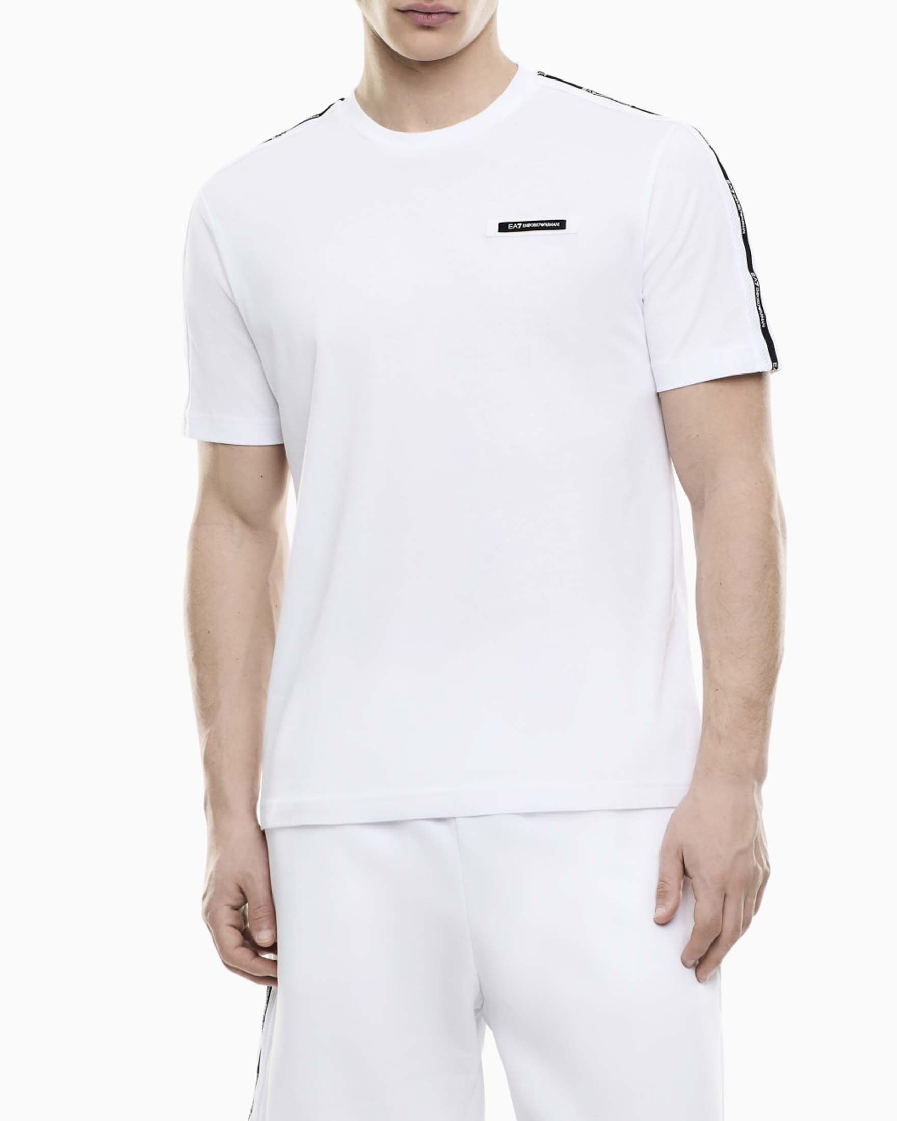 T-shirt mezza manica EA7 bianca in cotone con logo e bande