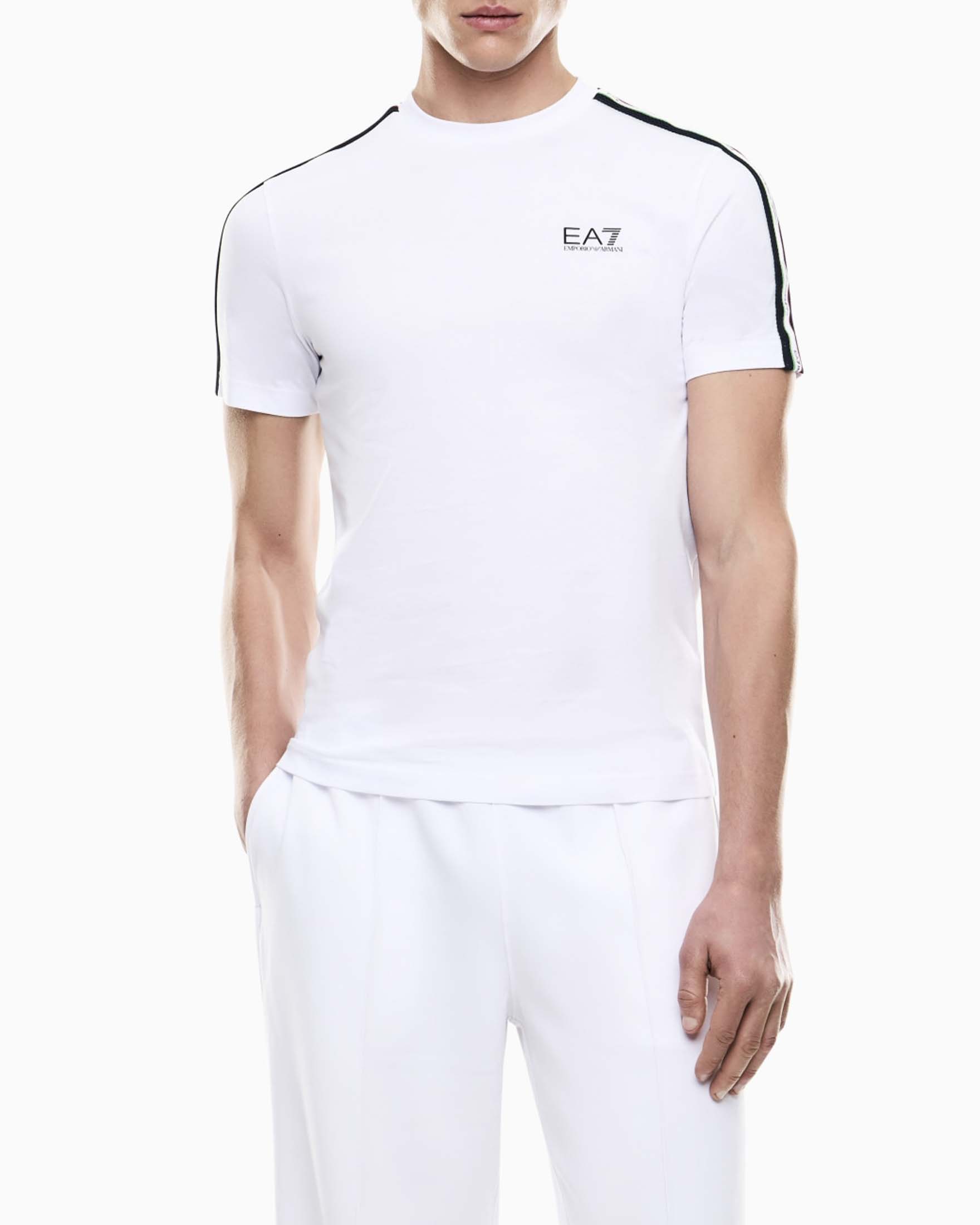 T-shirt EA7 bianca in cotone con logo stampato e bande tricolore