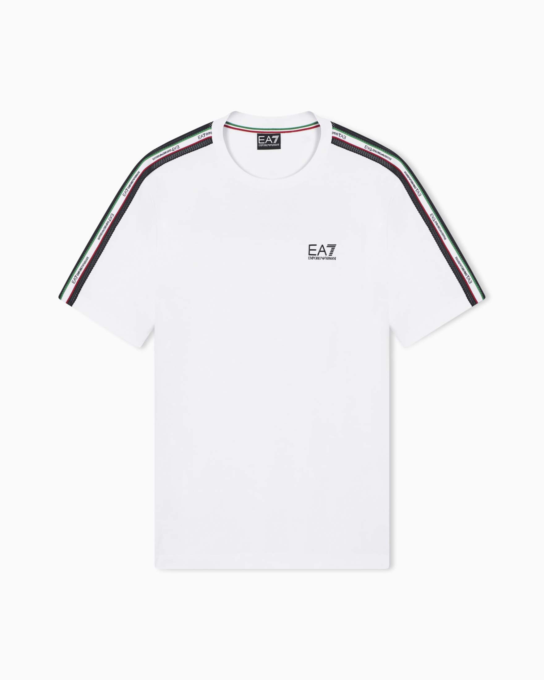 T-shirt EA7 bianca in cotone con logo stampato e bande tricolore image