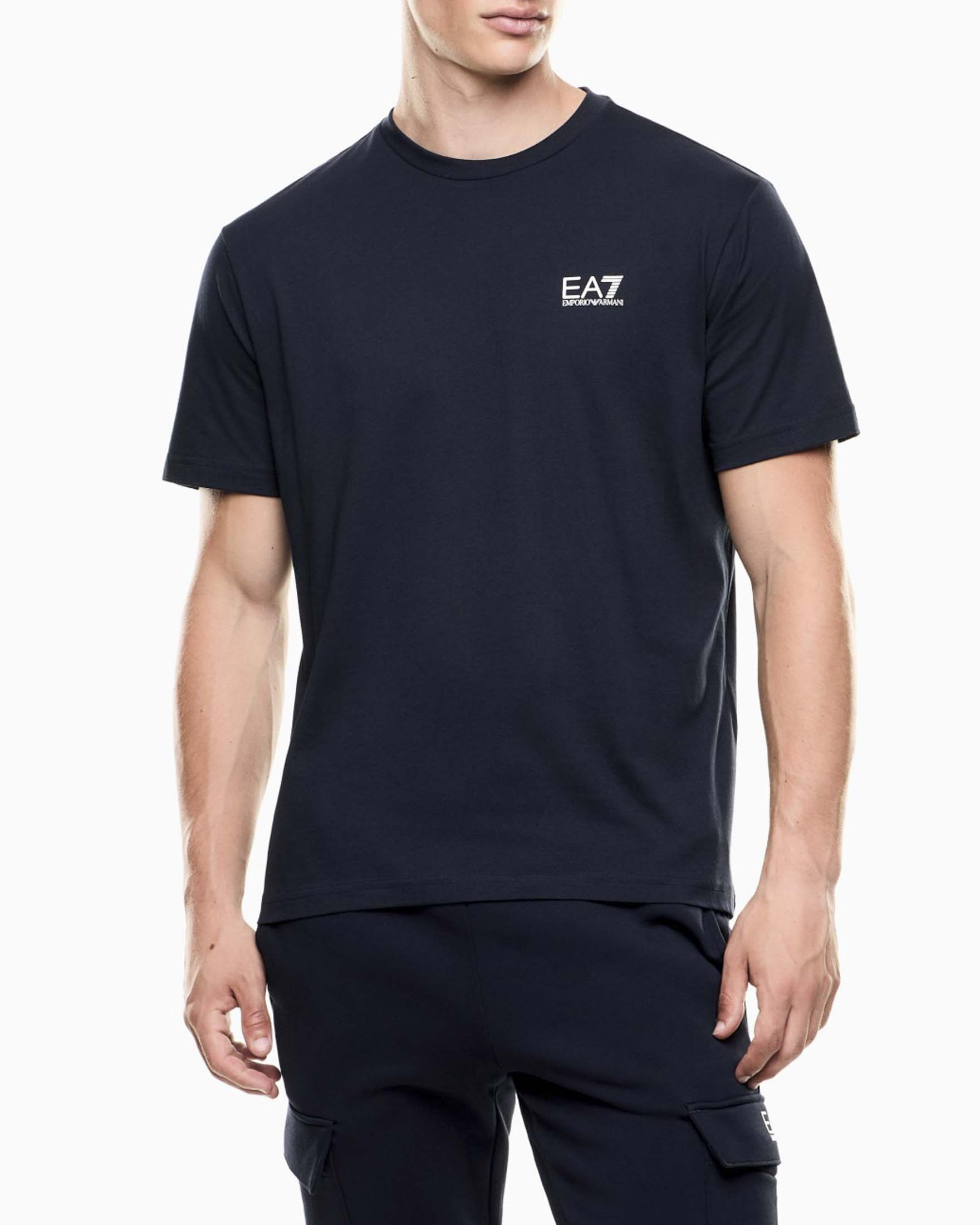 T-shirt mezza manica EA7 blu in cotone con stampa logo sul retro