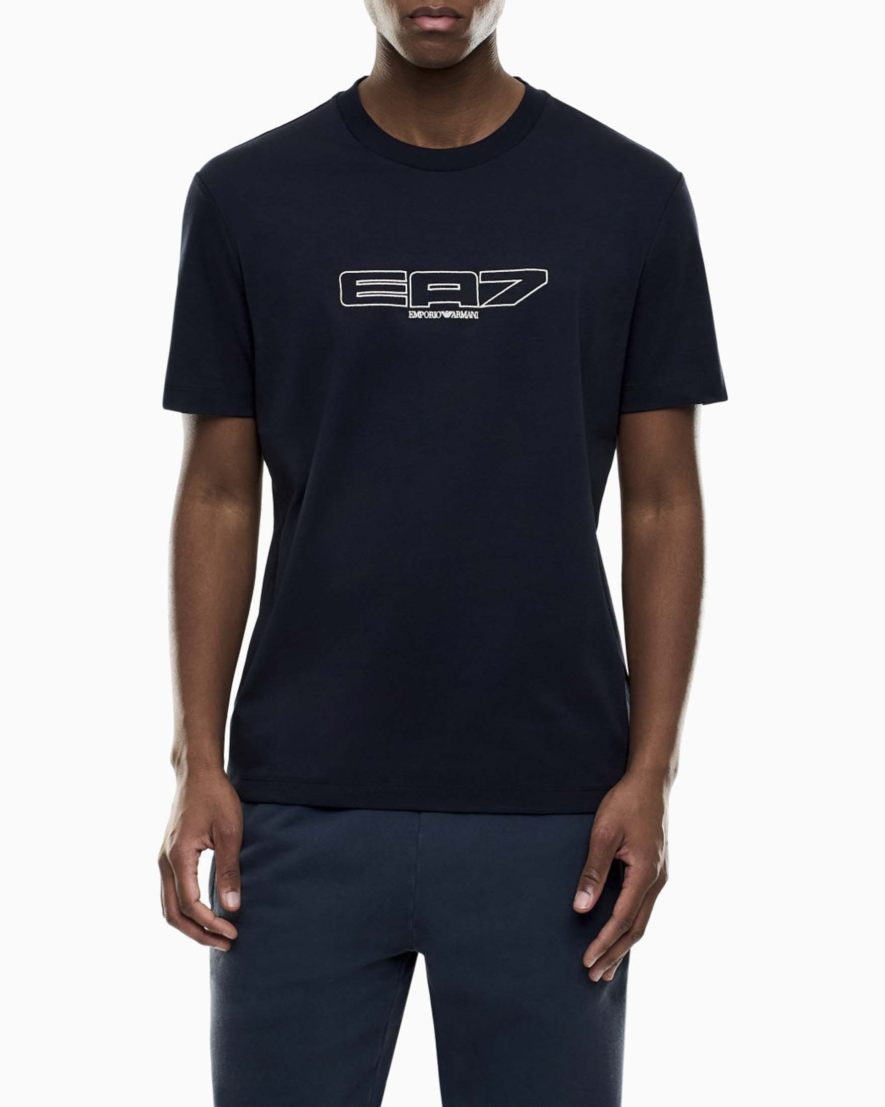T-shirt mezza manica EA7 blu in cotone con stampa logo
