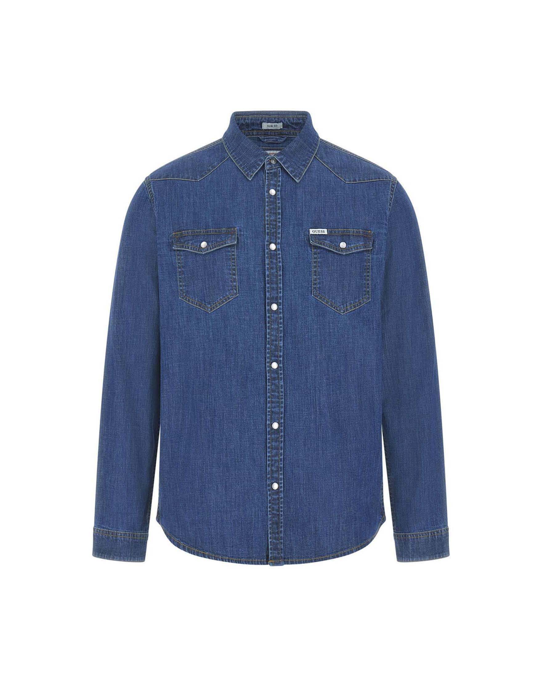 Camicia western denim Guess lavaggio medio in cotone stretch con taschini