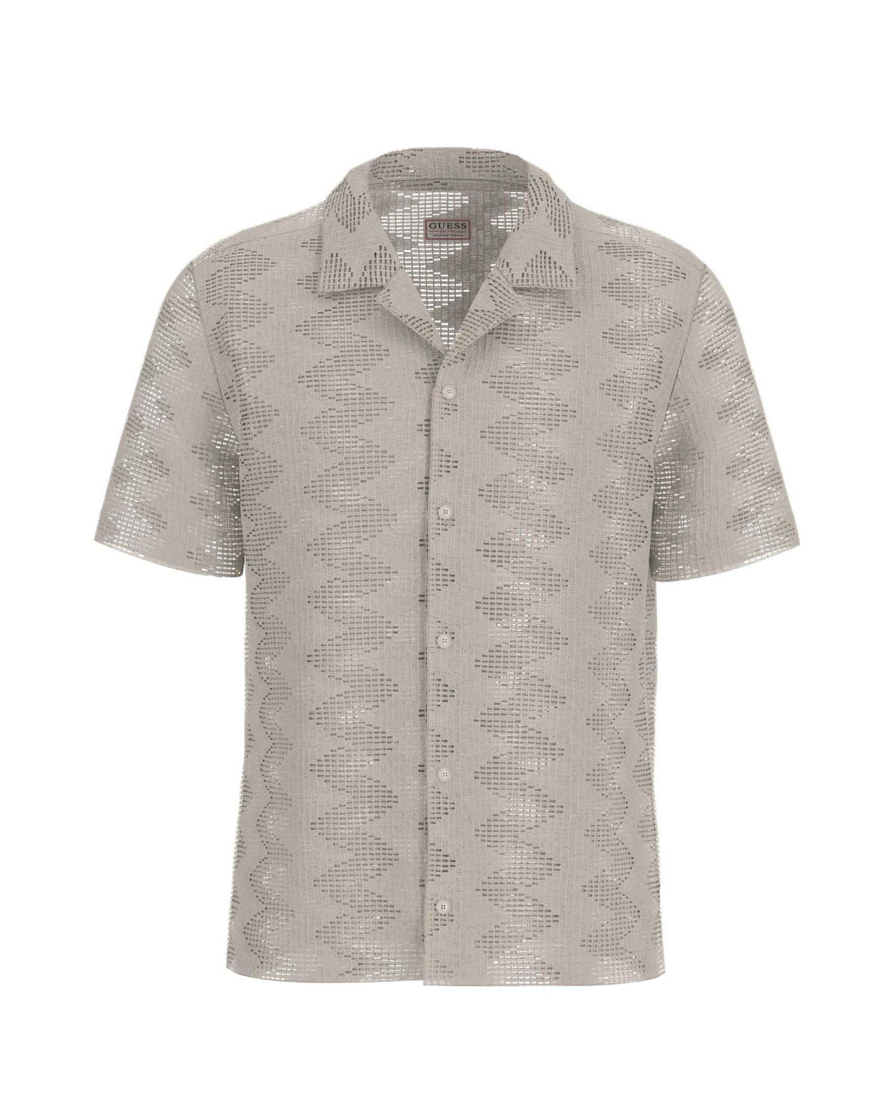 Camicia mezza manica Guess beige in cotone con lavorazione traforata a zigzag