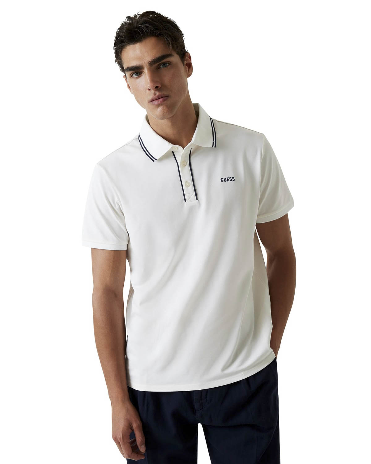 Polo Guess bianca in misto cotone stretch con logo ricamato e bordino a contrasto
