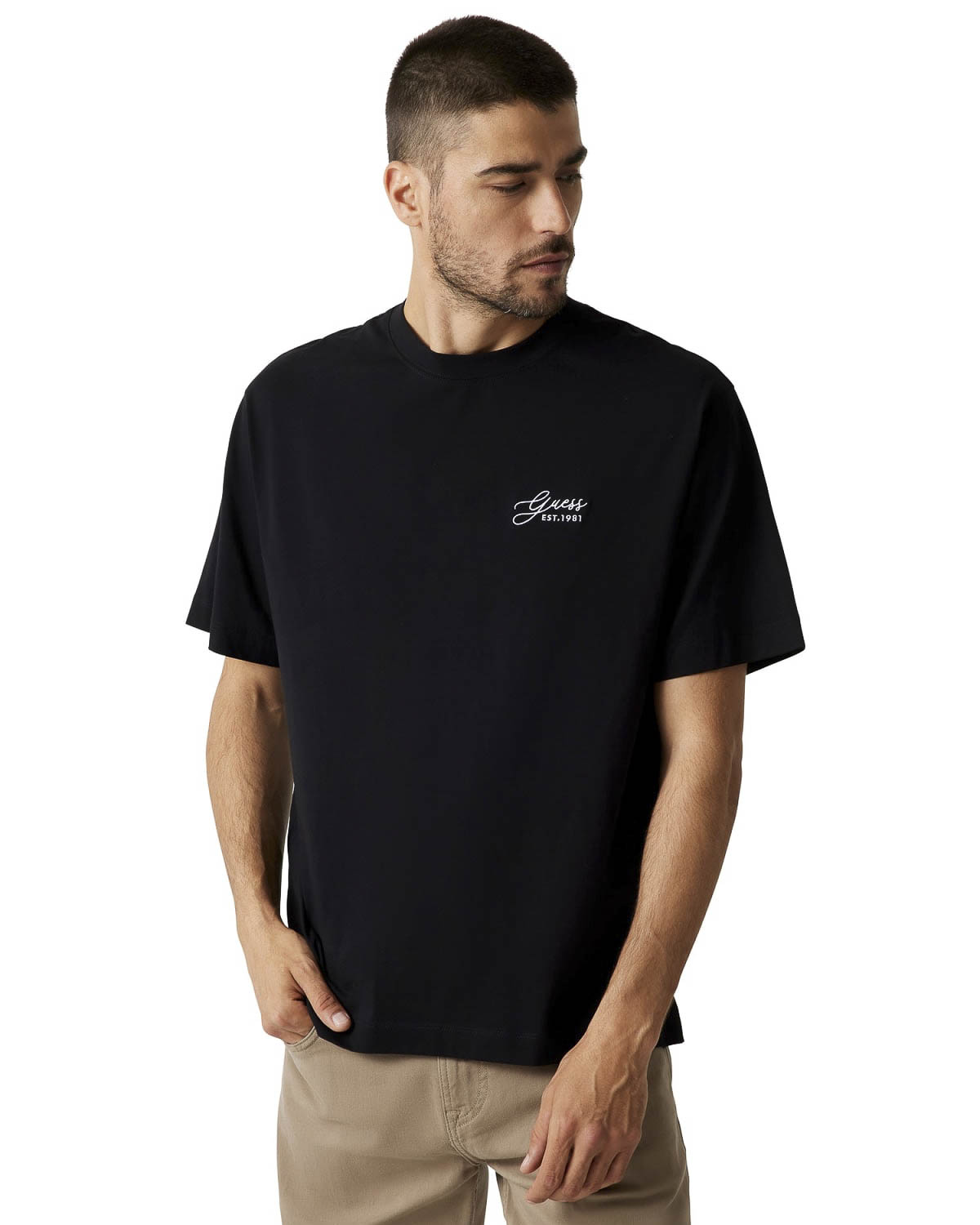 T-shirt Guess nera in cotone con logo ricamato e stampa fotografica sul retro